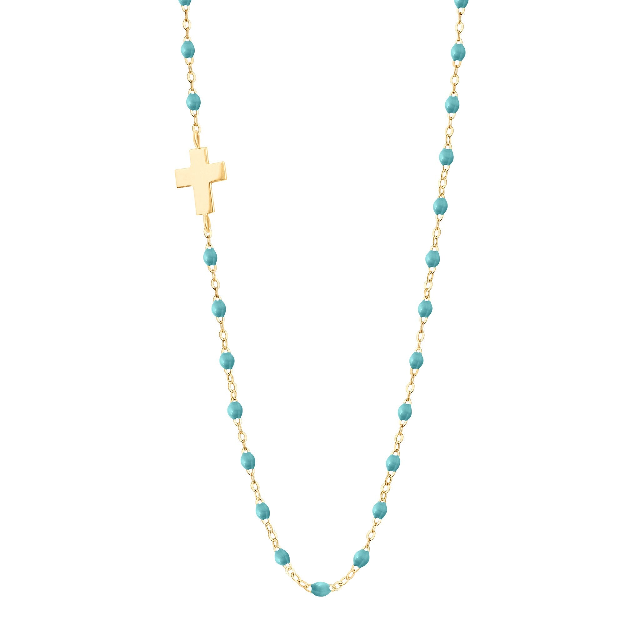 Collier turquoise vert Croix de côté, or jaune, 42 cm