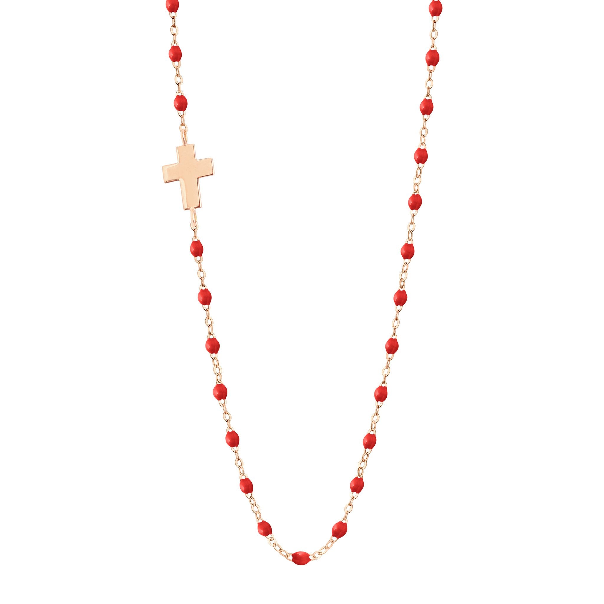 Collier coquelicot Croix de côté, or rose, 42 cm