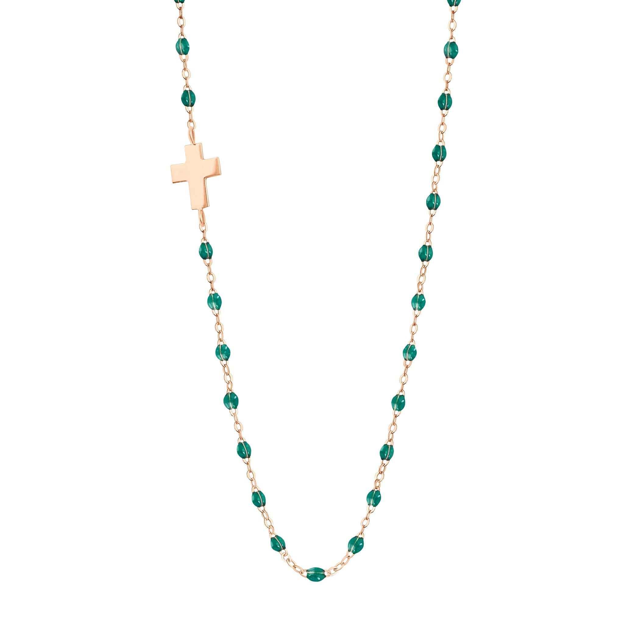 Collier émeraude Croix de côté, or rose, 42 cm