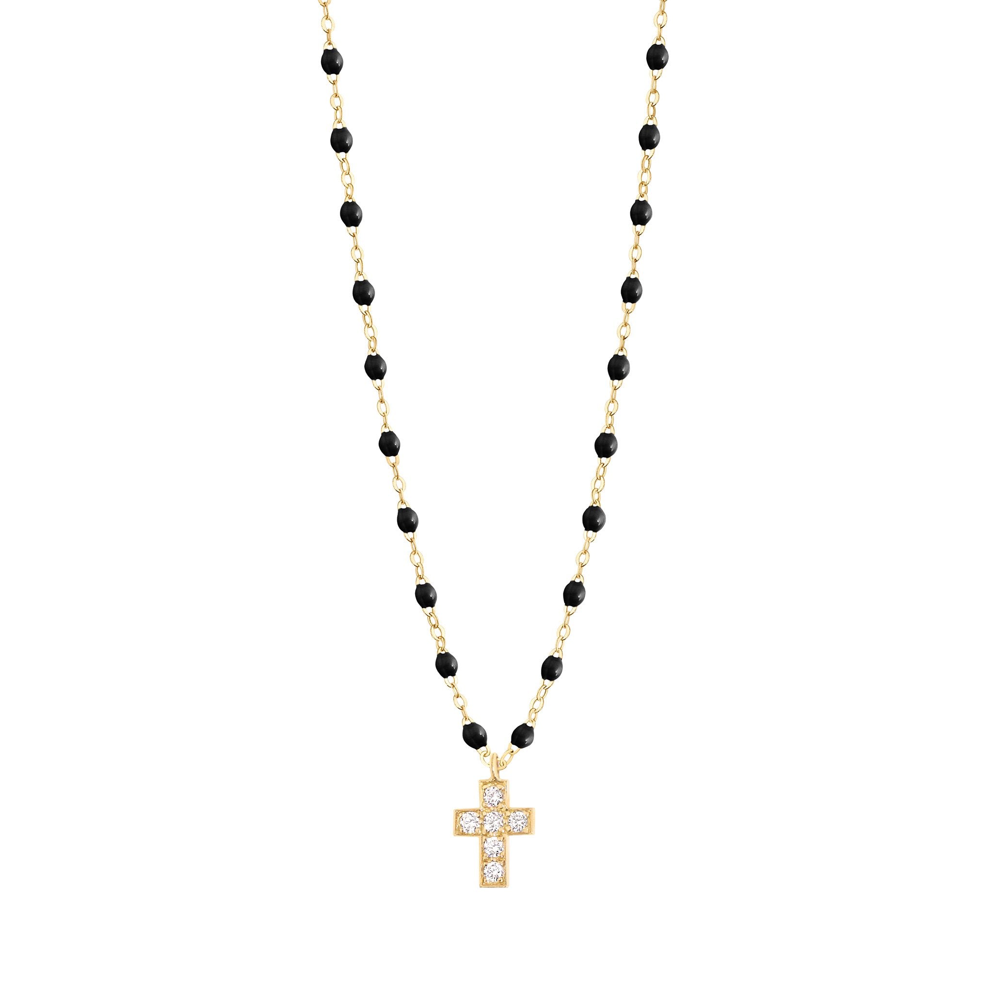 Collier noir Croix diamants, or jaune, 42 cm