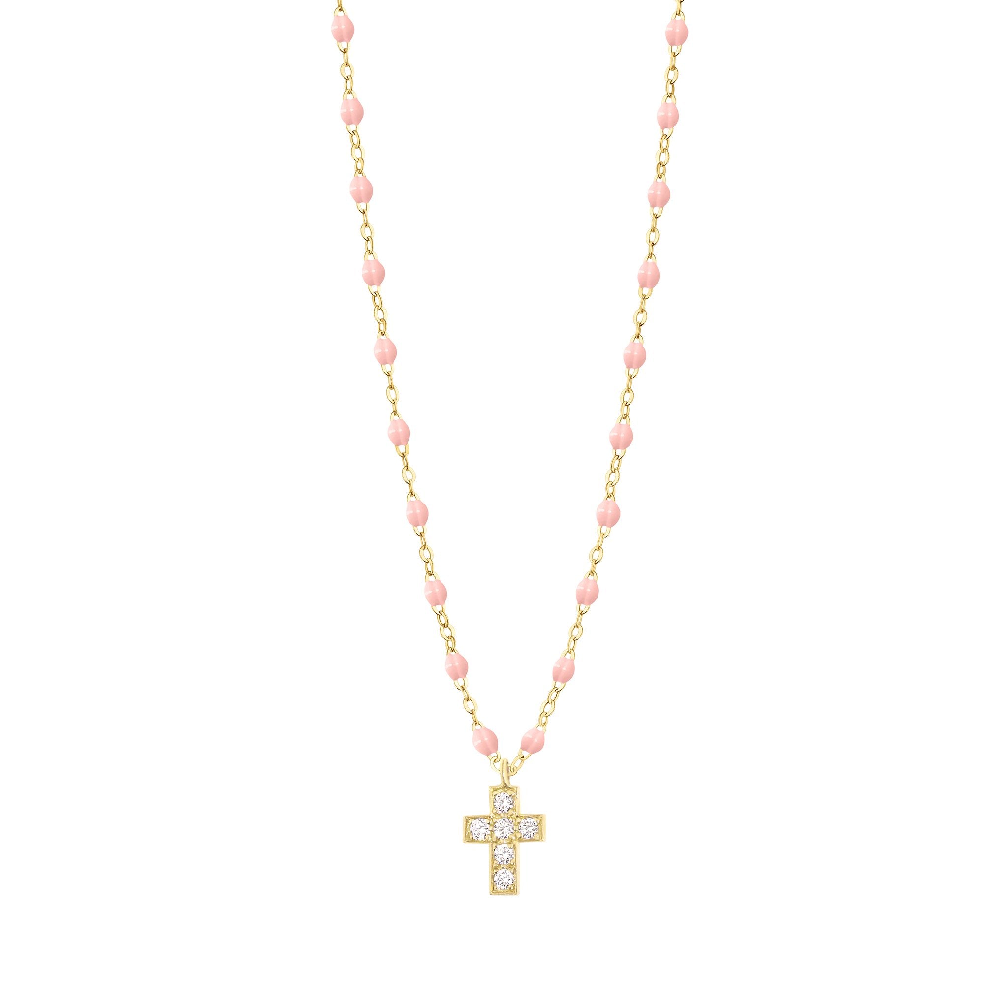 Collier rose bébé Croix diamants, or jaune, 42 cm