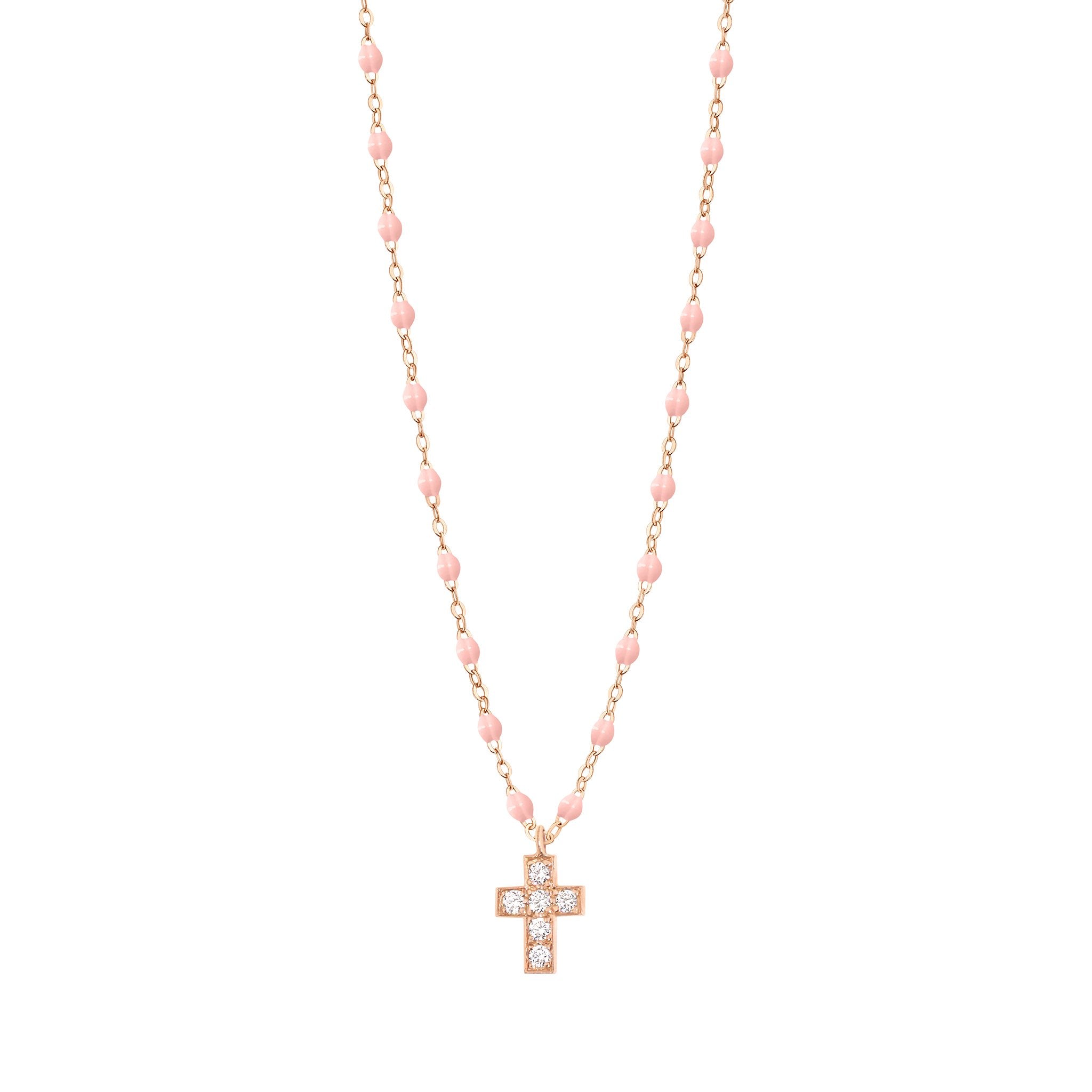 Collier rose bébé Croix diamants, or rose, 42 cm