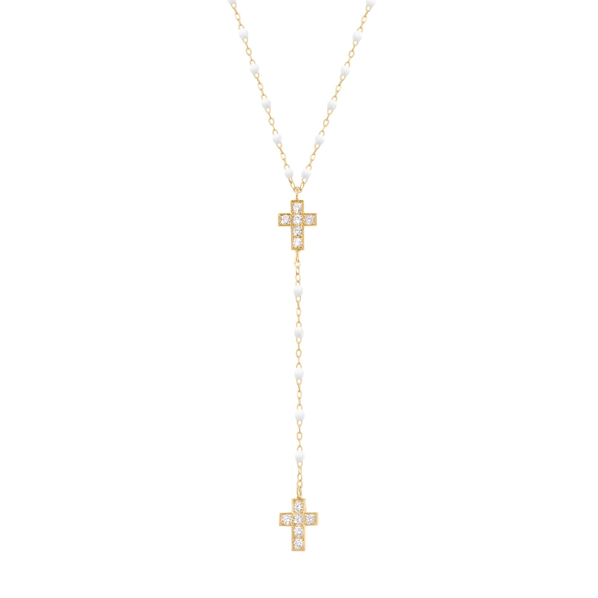 Chapelet blanc Croix Diamants, or jaune, 42 cm