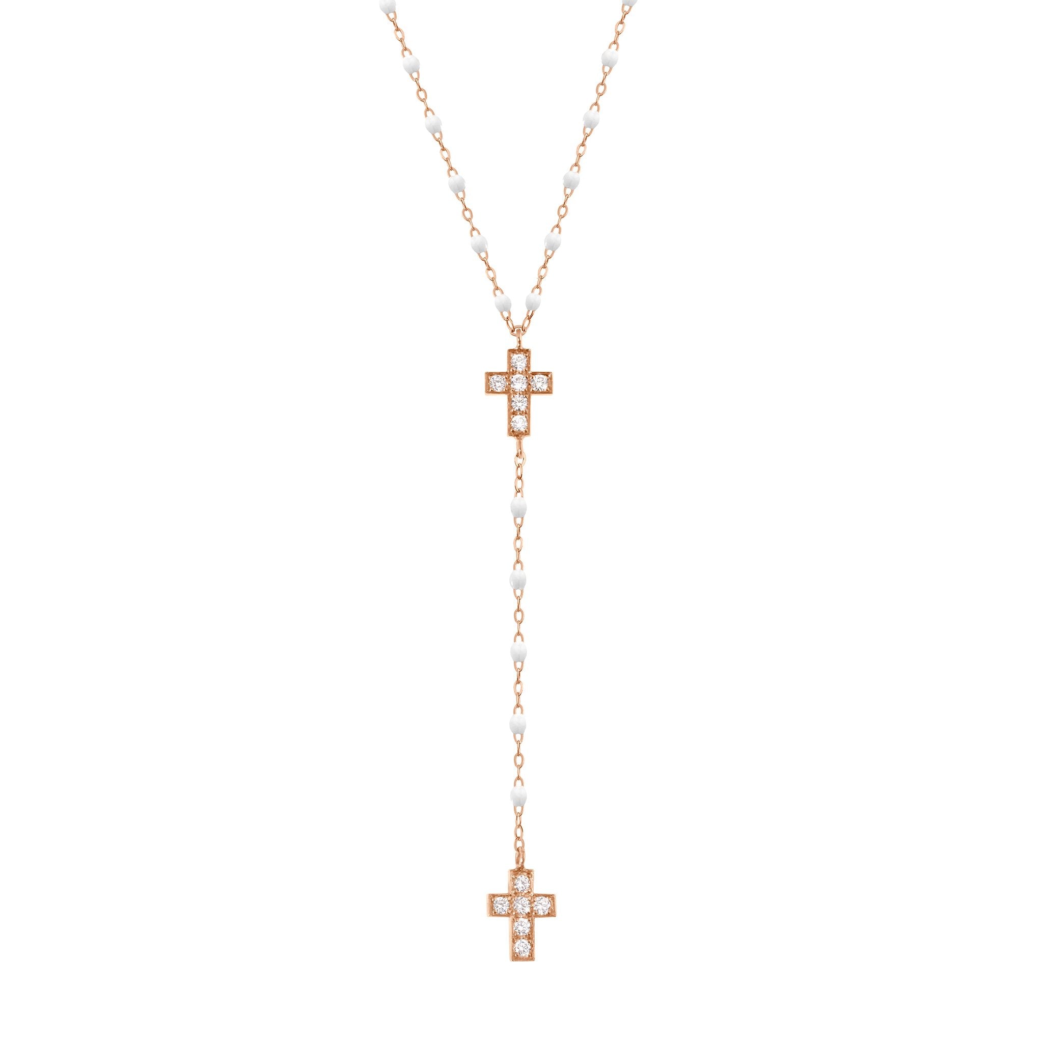 Chapelet blanc Croix Diamants, or rose, 42 cm