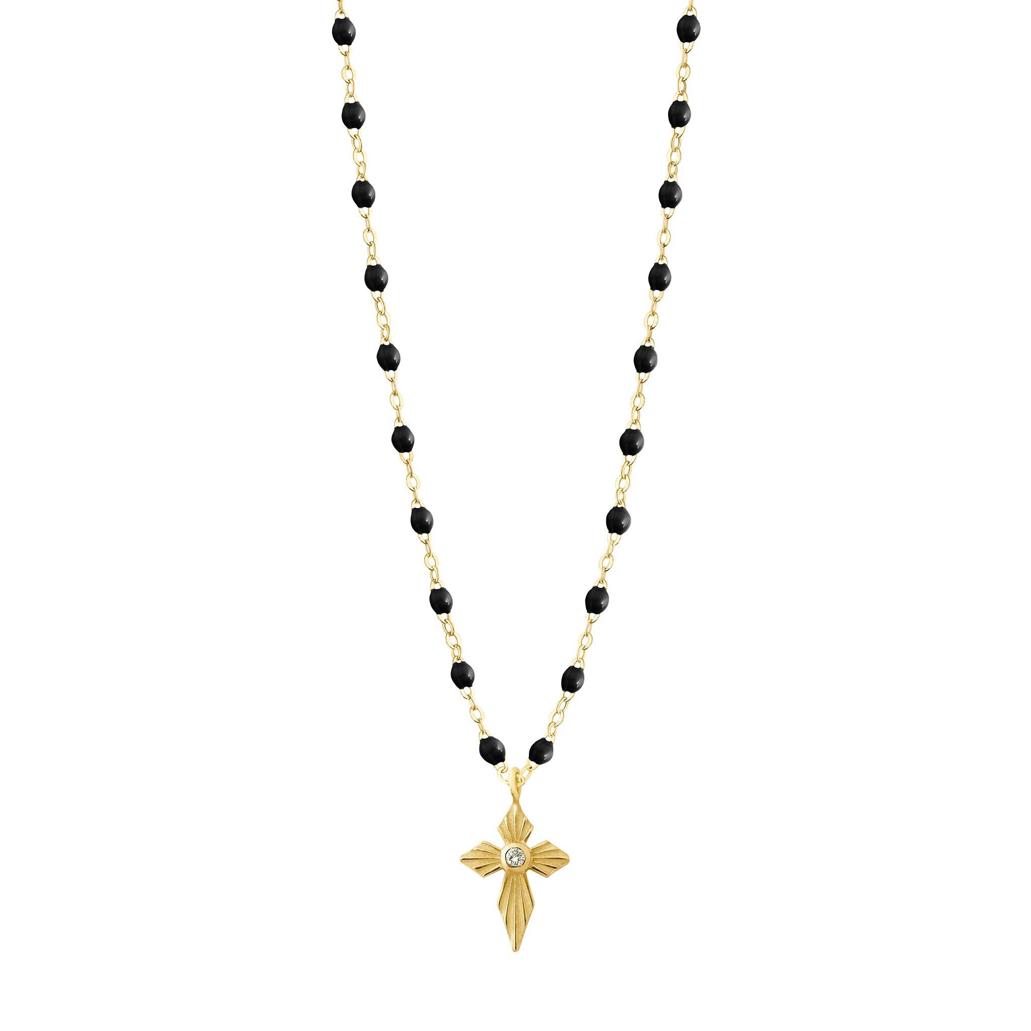 Collier noir Croix Lumière, diamant, or jaune, 42 cm