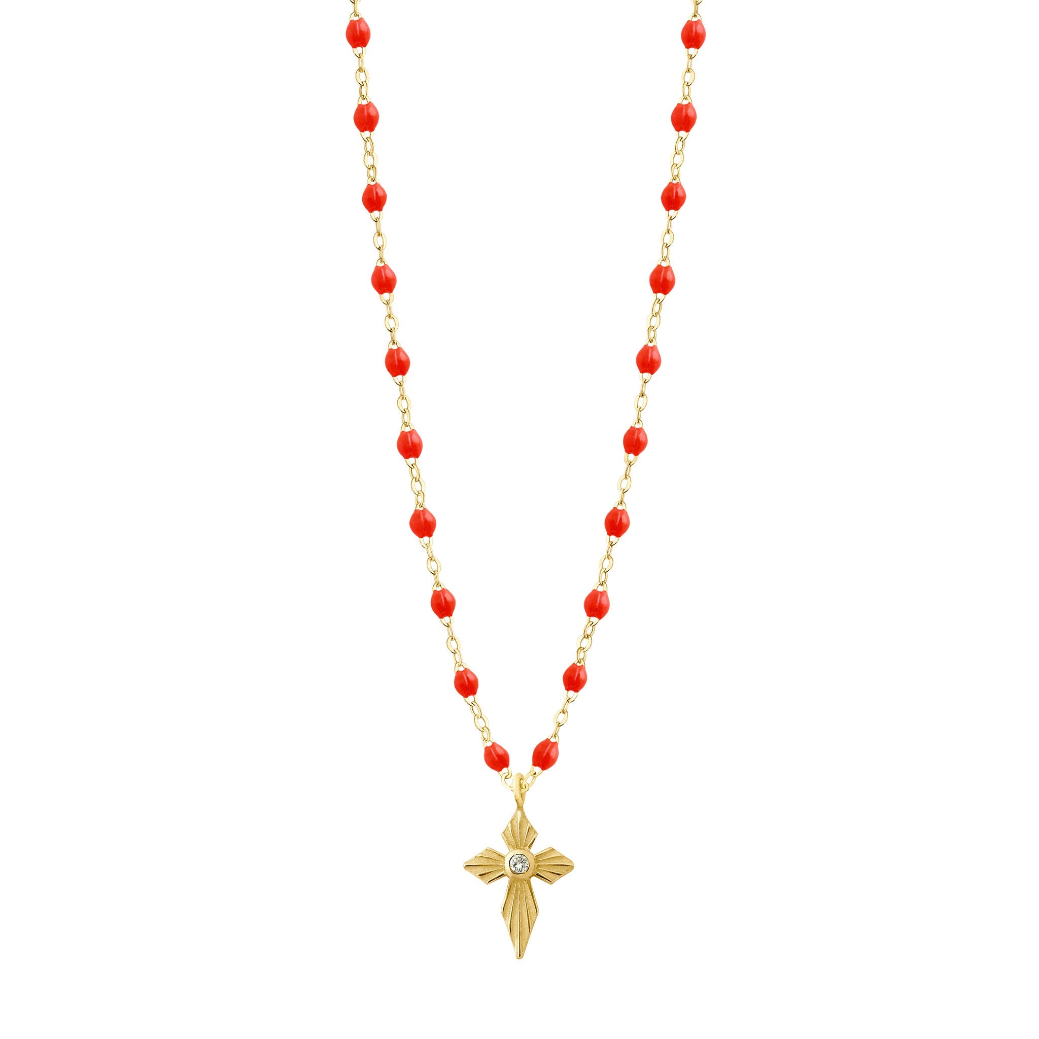 Collier corail Croix Lumière, diamant, or jaune, 42 cm