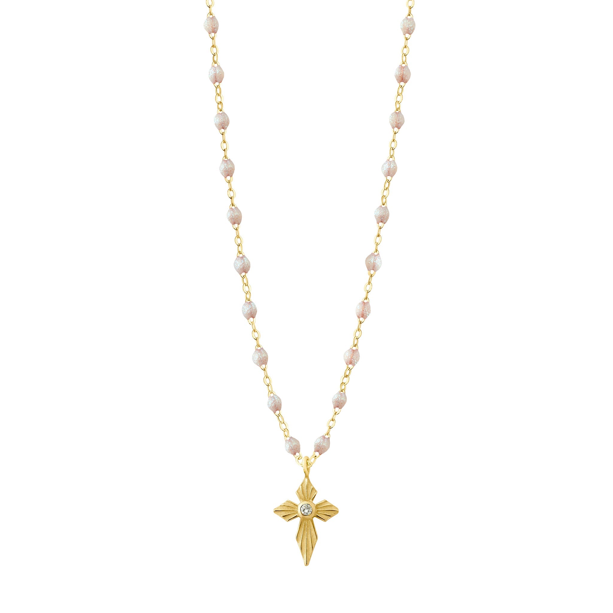 Collier opale Croix Lumière, diamant, or jaune, 42 cm