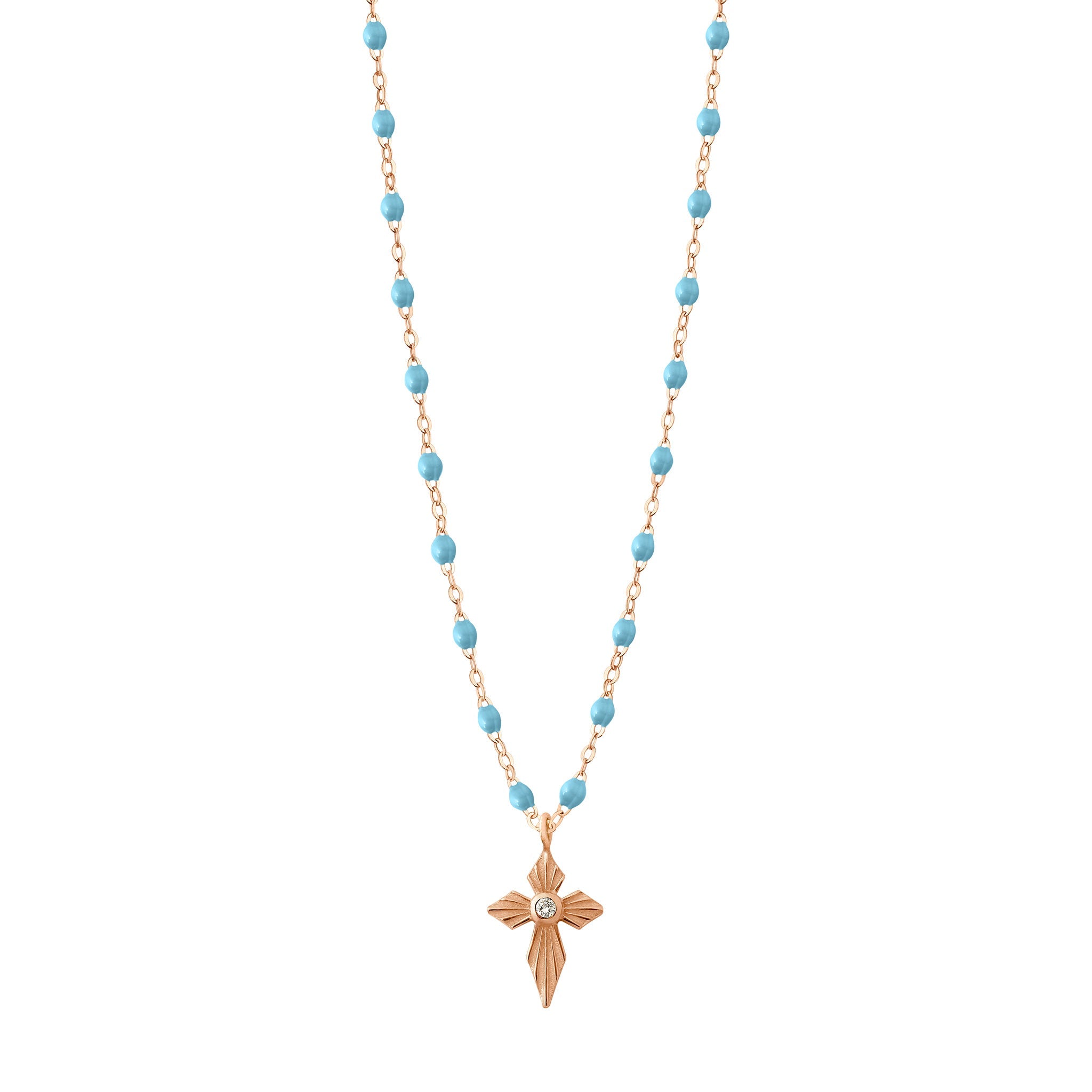 Collier turquoise Croix Lumière, diamant, or rose, 42 cm