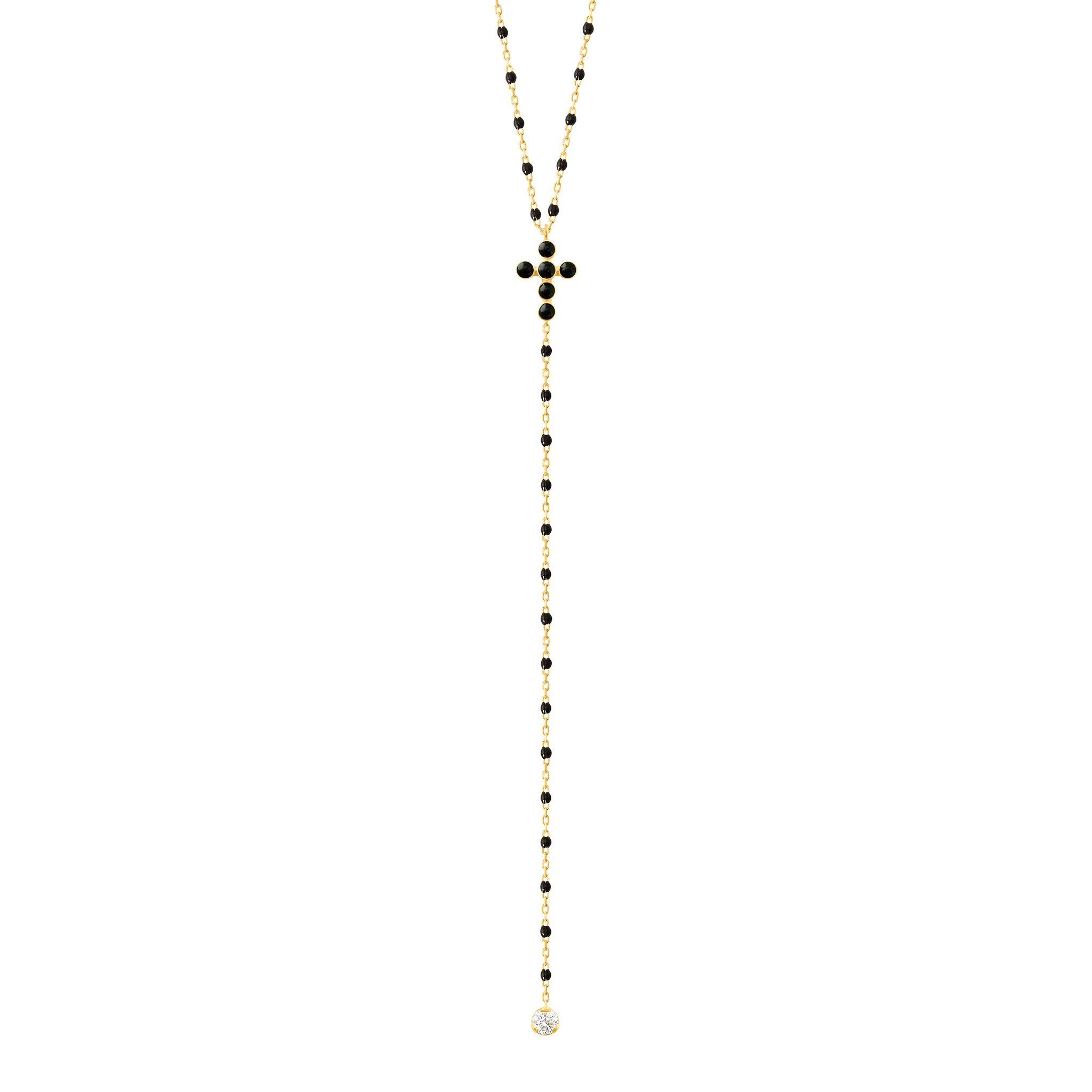 Chapelet noir Croix Perlée, diamants, or jaune, 42 cm