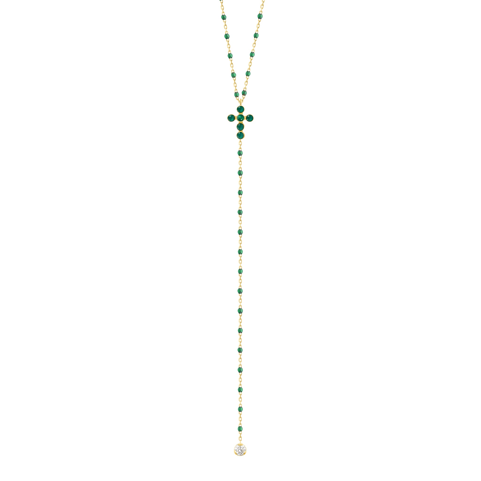 Chapelet émeraude Croix Perlée, diamants, or jaune, 42 cm