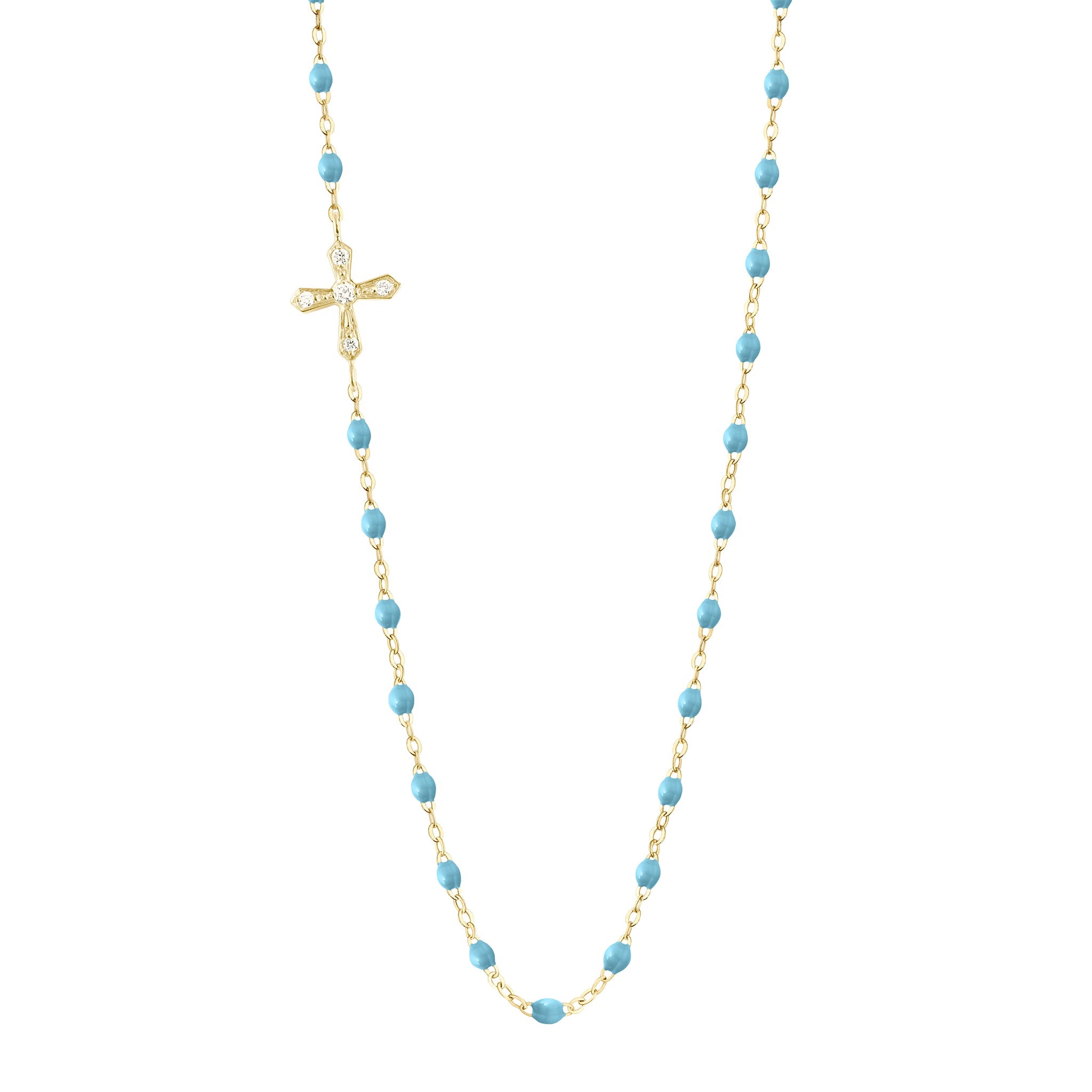 Collier turquoise Croix Vintage, diamants, or jaune, 42 cm