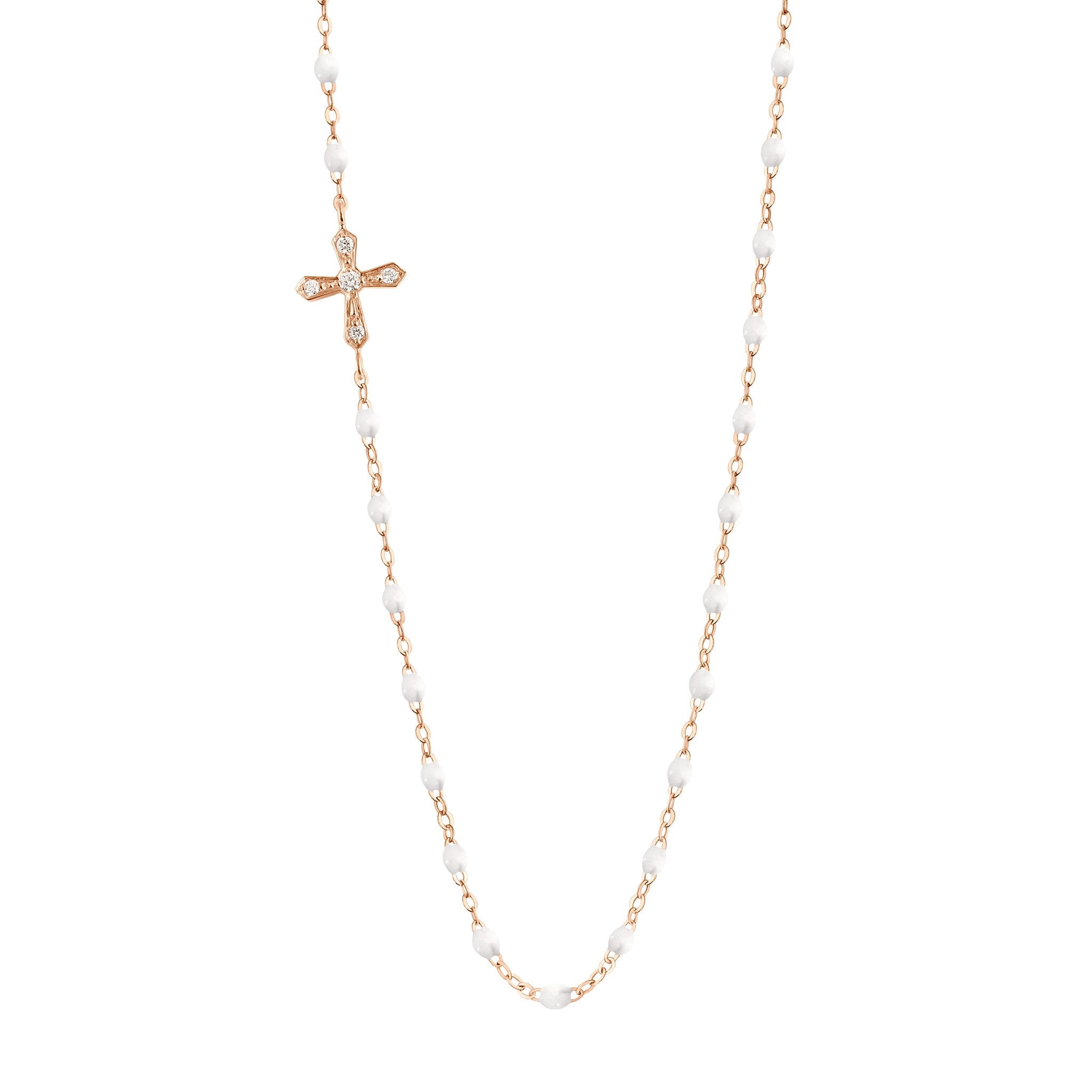 Collier blanc Croix Vintage, diamants, or rose, 42 cm