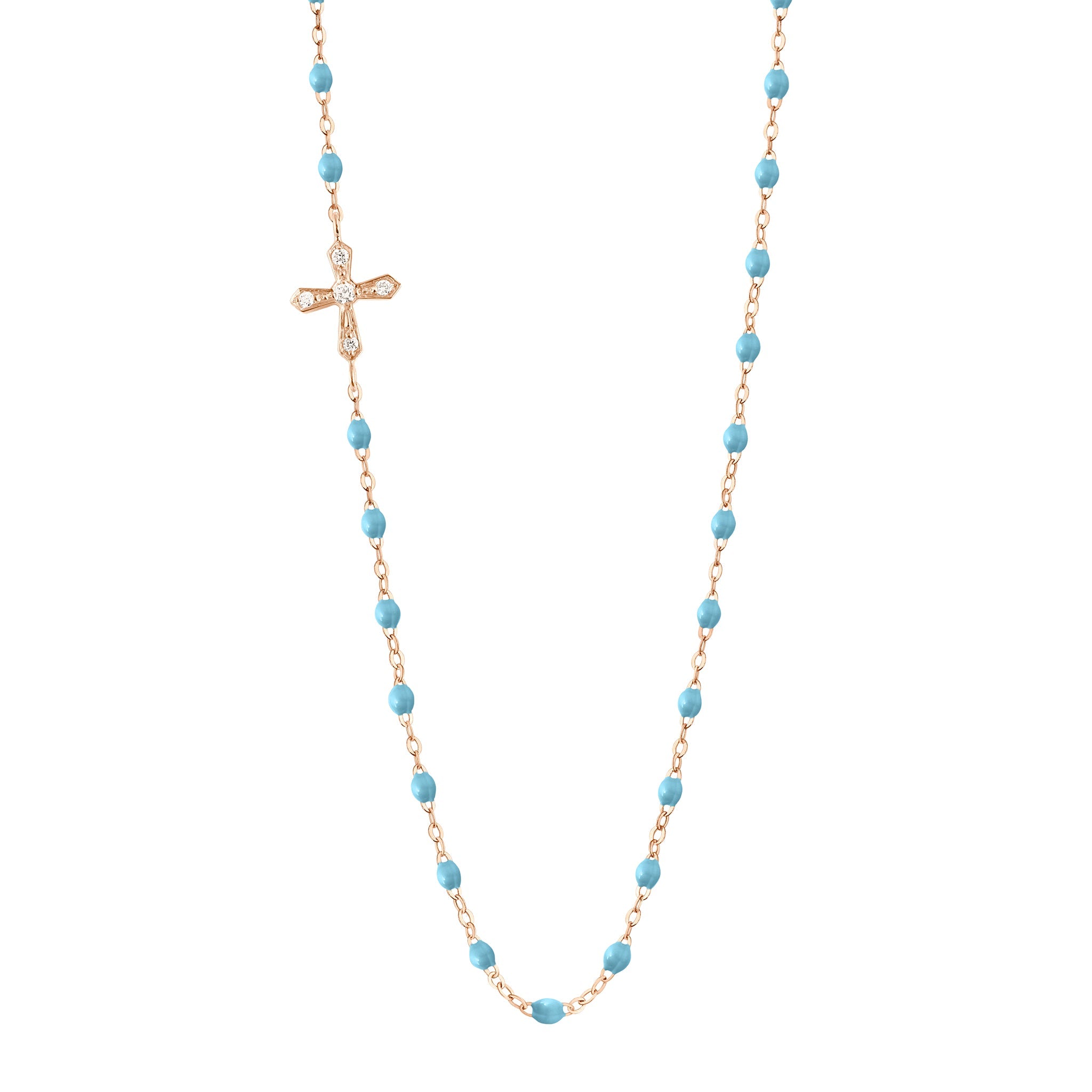 Collier turquoise Croix Vintage, diamants, or rose, 42 cm