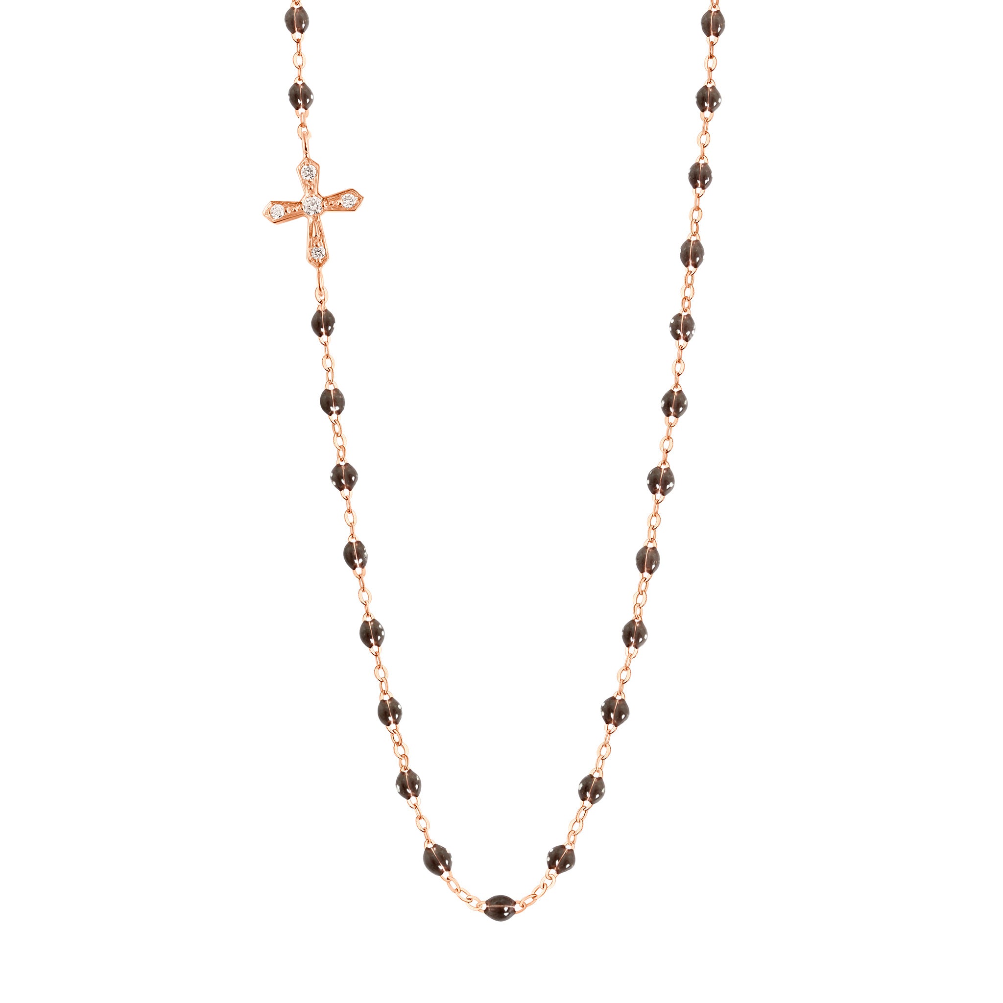 Collier quartz Croix Vintage, diamants, or rose, 42 cm