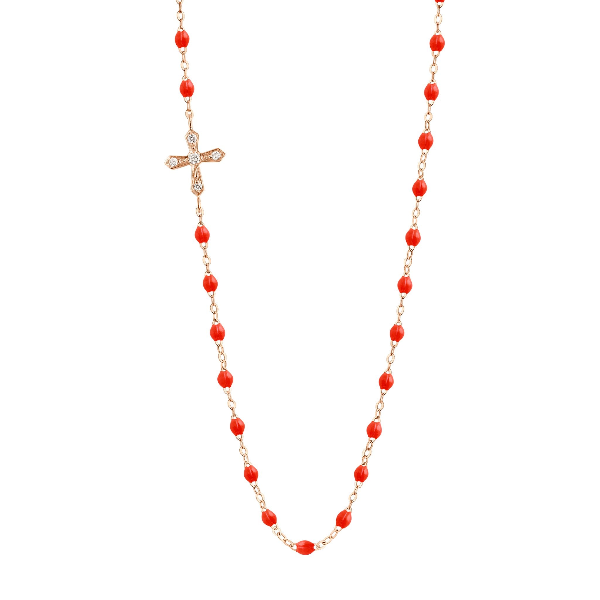 Collier corail Croix Vintage, diamants, or rose, 42 cm