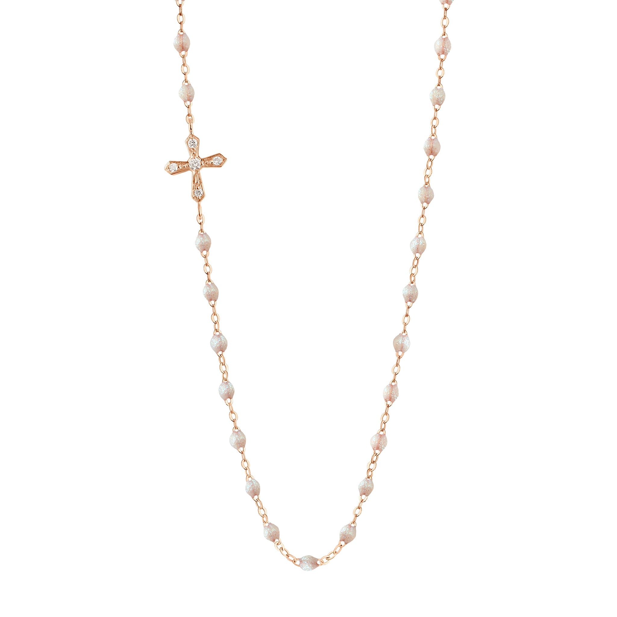 Collier opale Croix Vintage, diamants, or rose, 42 cm