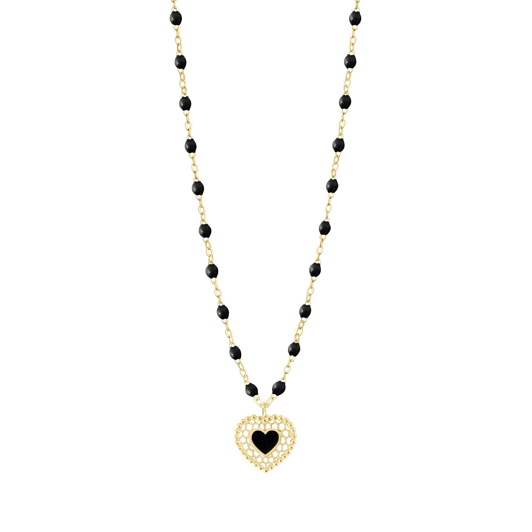 Collier noir Cœur Dentelle, or jaune, 42 cm