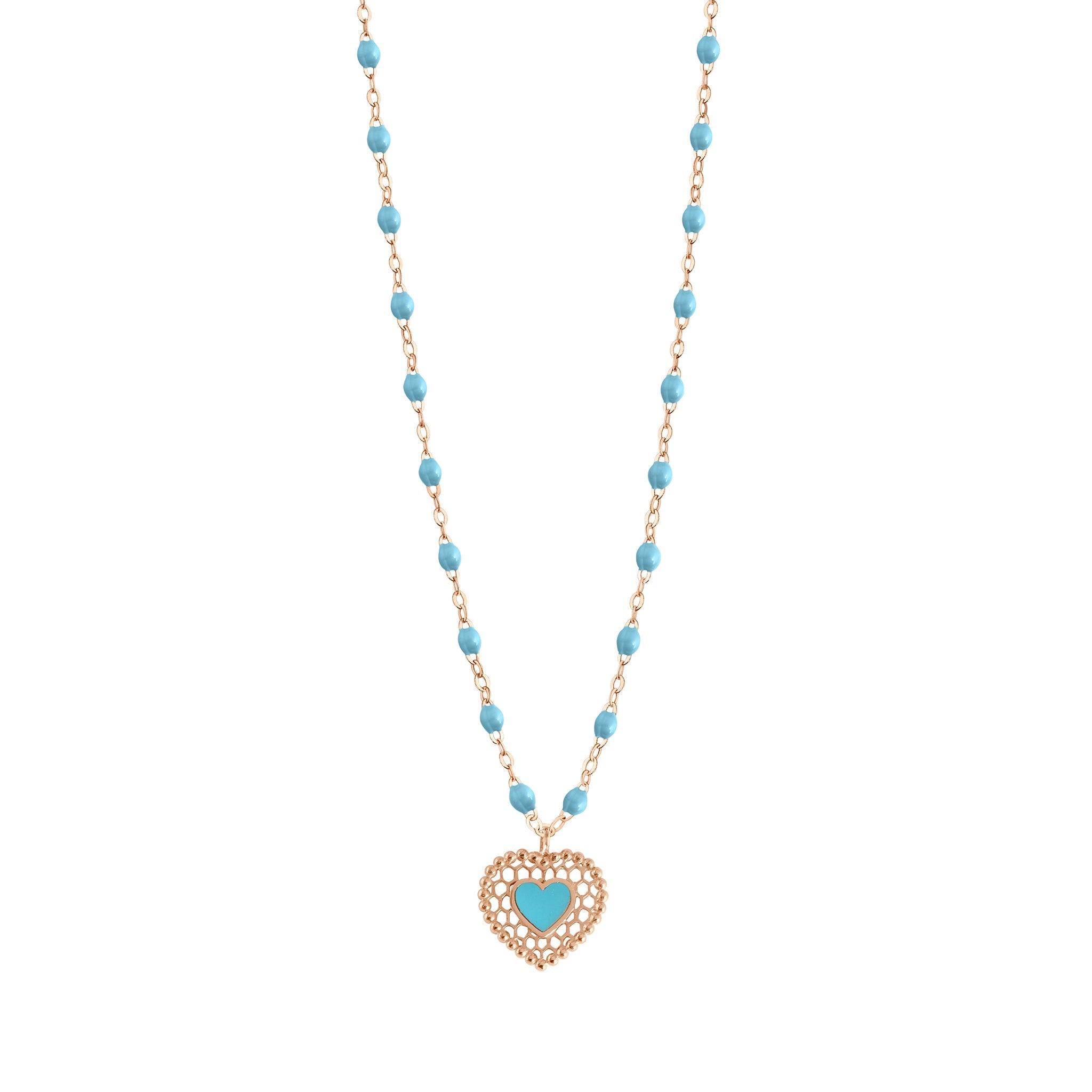 Collier turquoise Cœur Dentelle, or rose, 42 cm