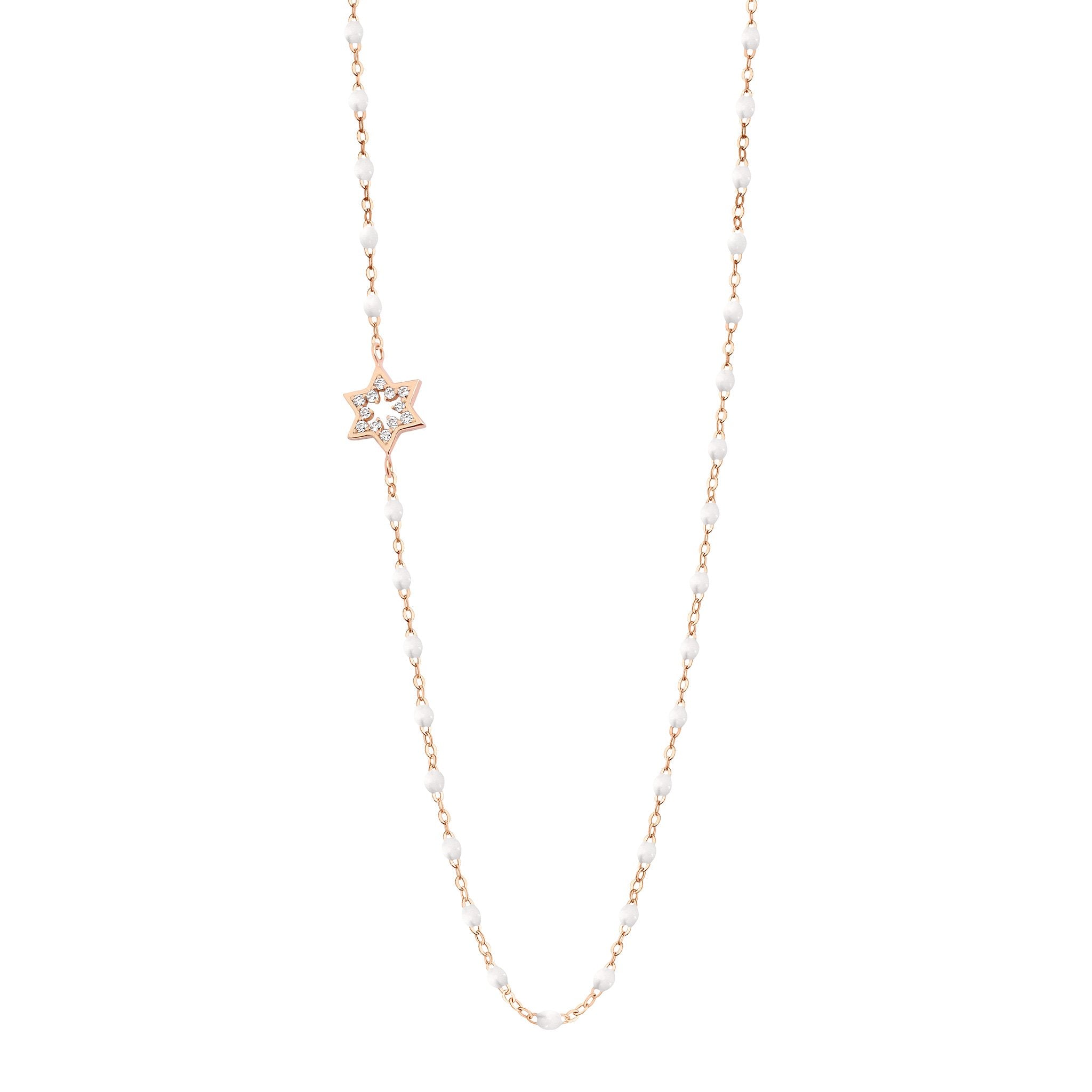 Collier blanc Etoile de David, diamants, or rose, 42 cm