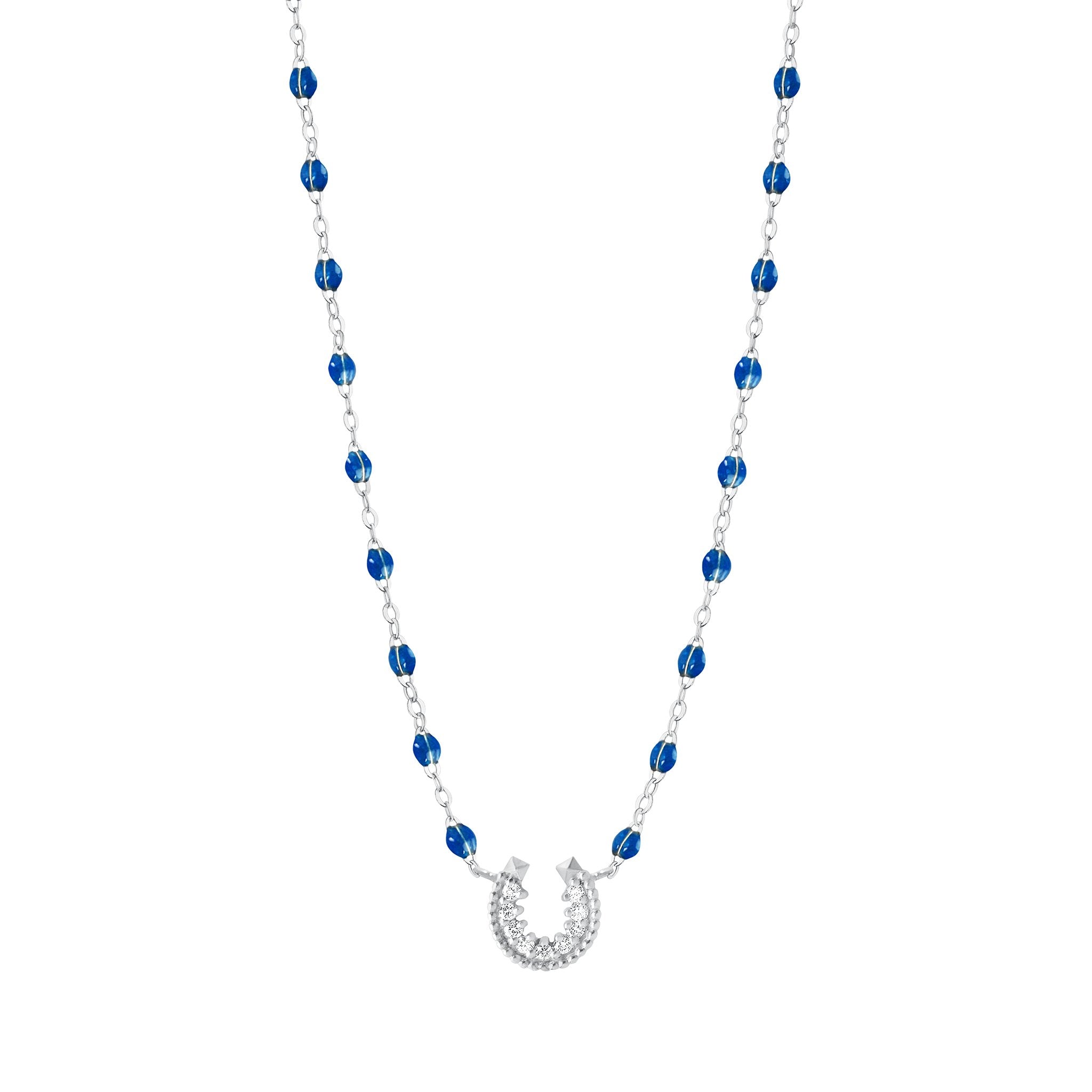 Collier saphir Fer à cheval, diamants, or blanc, 42 cm