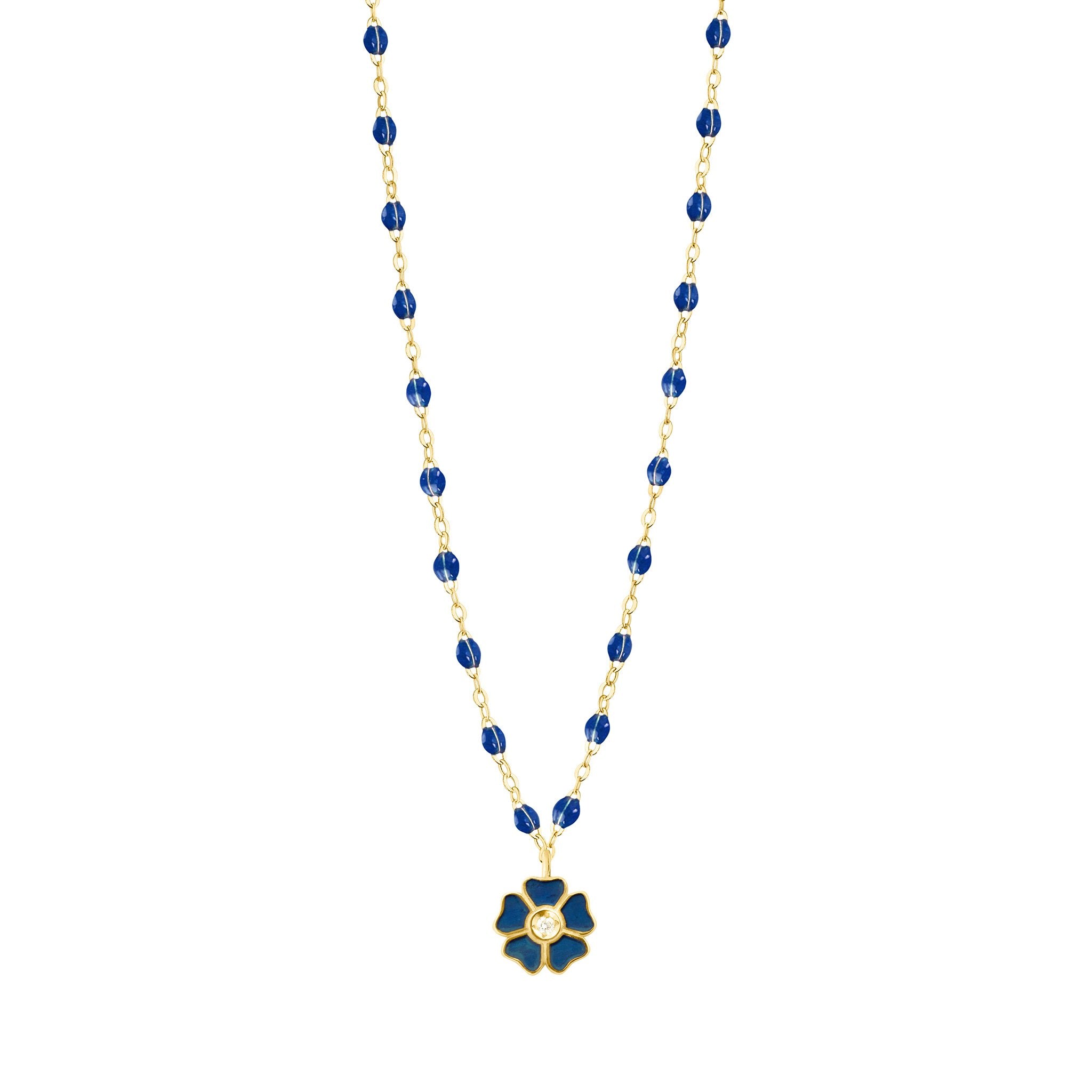 Collier bleu de prusse Fleur, diamant, or jaune, 42 cm