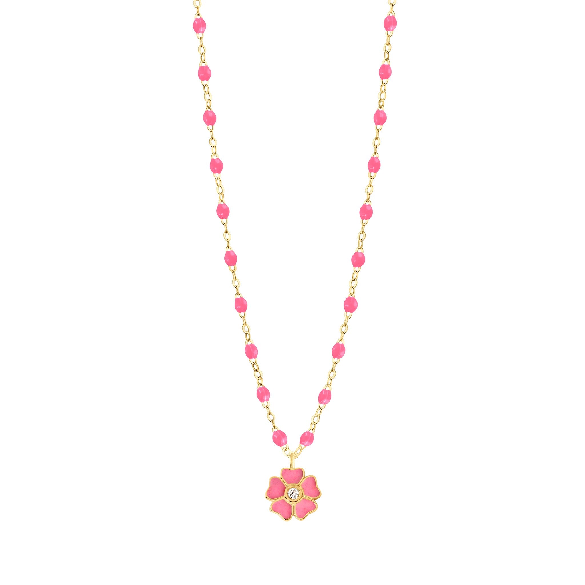 Collier rose fluo Fleur, diamant, or jaune, 42 cm