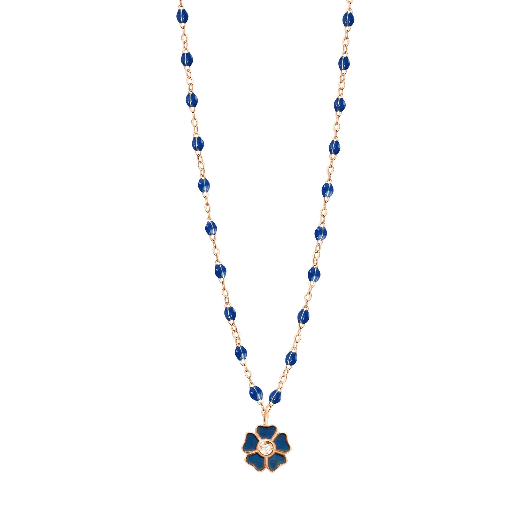 Collier bleu de prusse Fleur, diamant, or rose, 42 cm