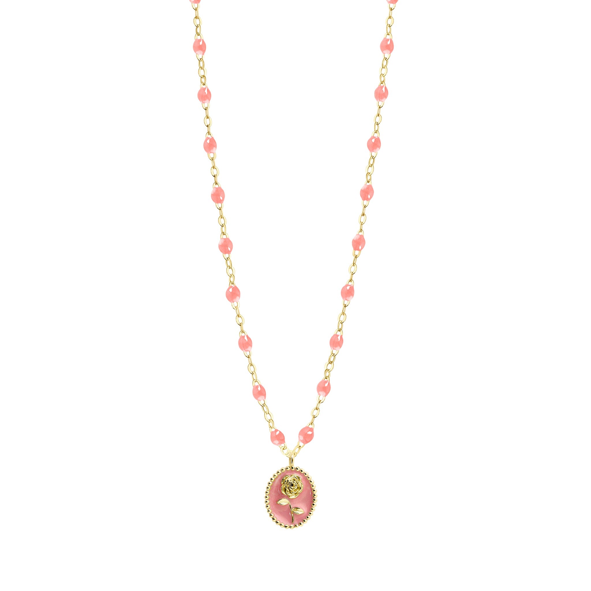 Collier Rose résine fuchsia, or jaune, 42 cm