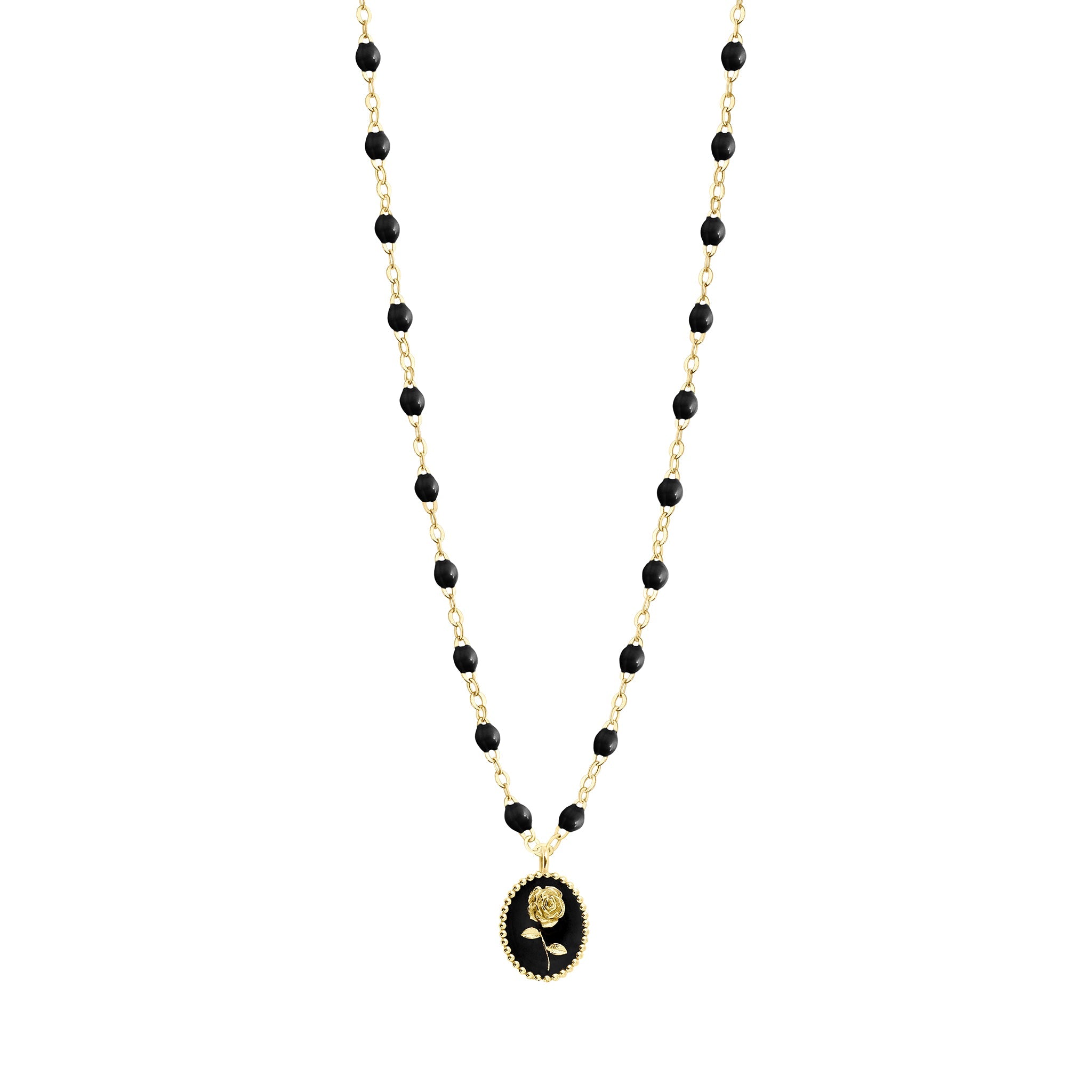 Collier Rose résine noire, or jaune, 42 cm