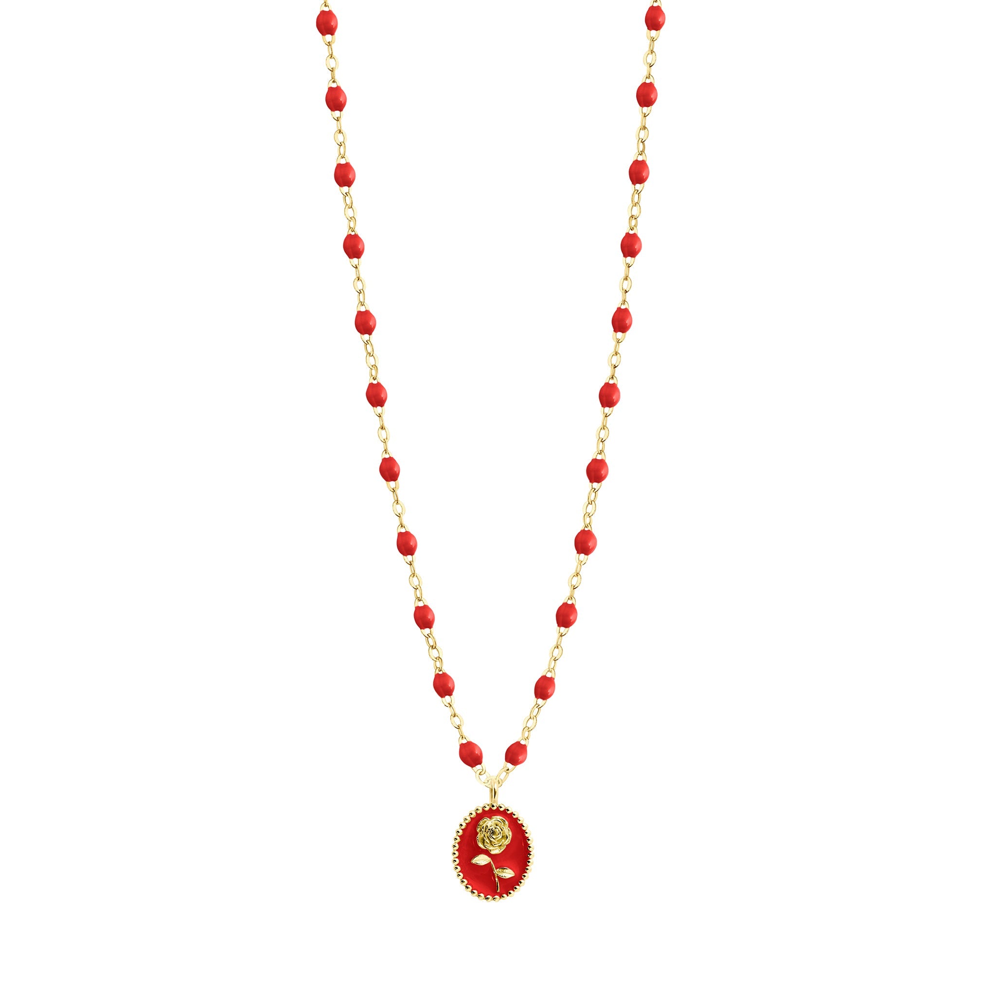 Collier Rose résine coquelicot, or jaune, 42 cm