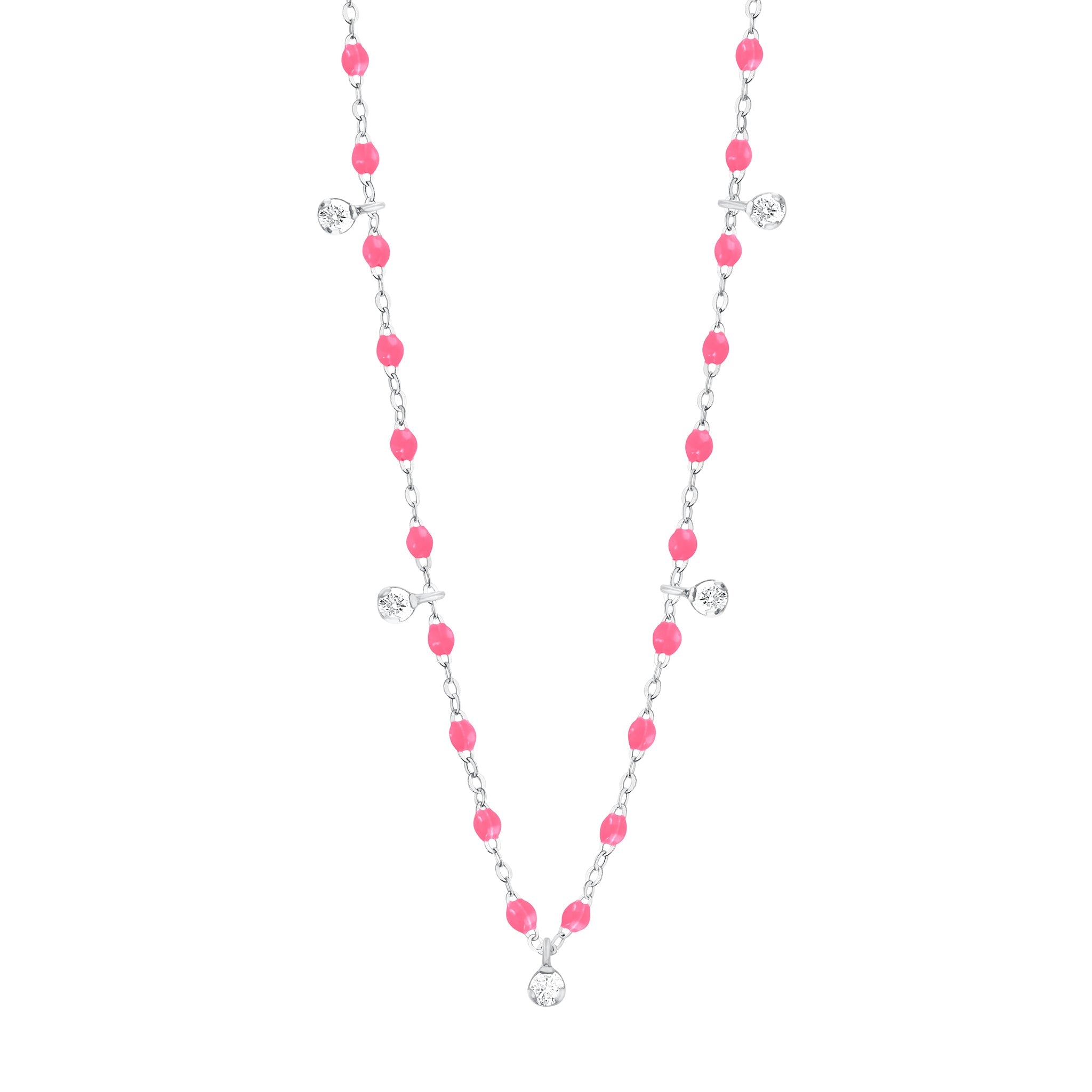 Collier rose fluo Gigi Suprême, or blanc, 5 diamants, 45 cm