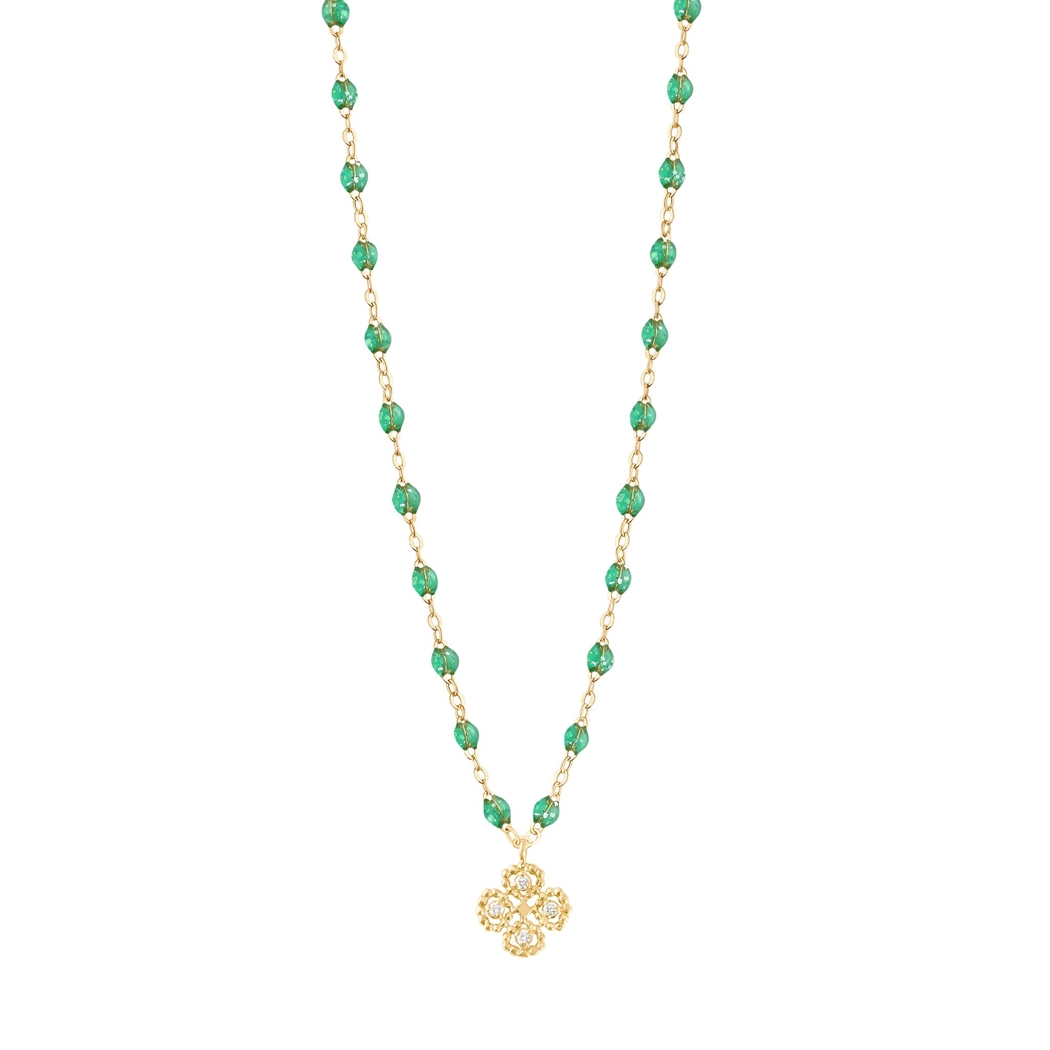 Collier menthe Lucky Trèfle, diamants, or jaune, 42 cm