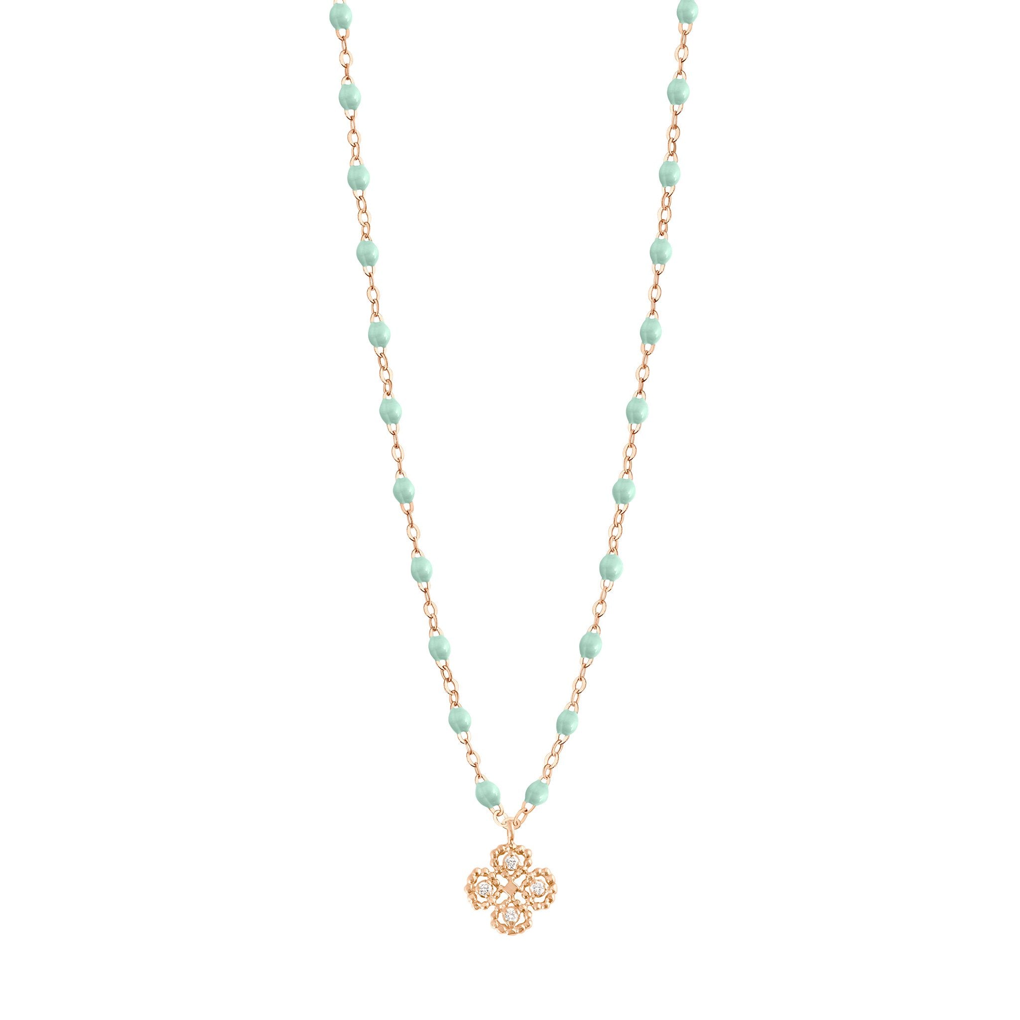 Collier jade Lucky Trèfle, diamants, or rose, 42 cm