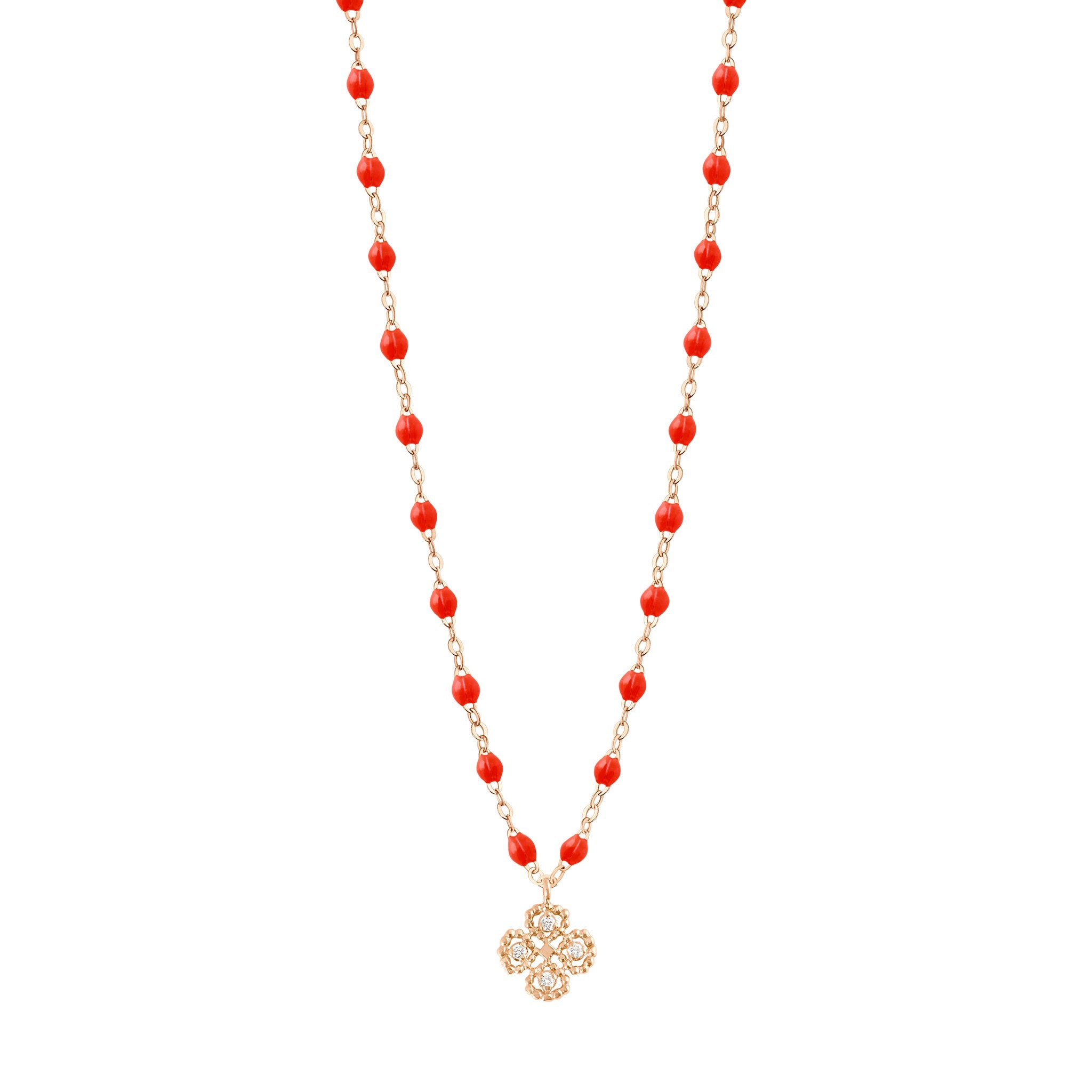 Collier corail Lucky Trèfle, diamants, or rose, 42 cm