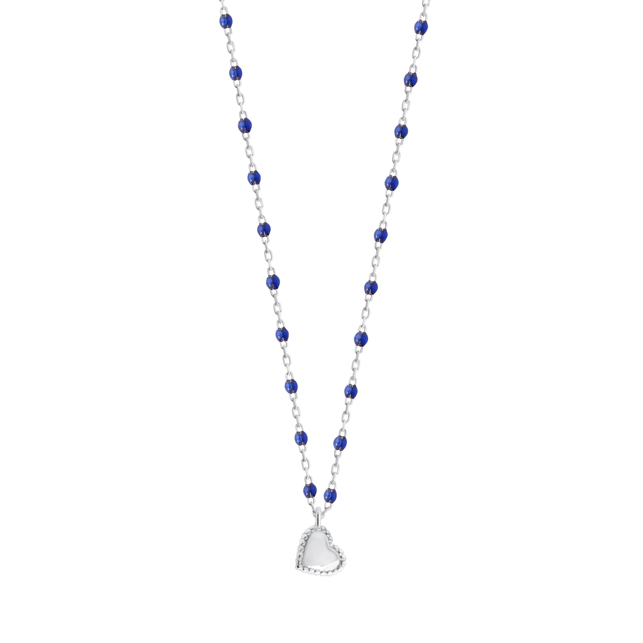 Collier Lucky Coeur, or blanc et mini perles de résine prusse, 40 cm