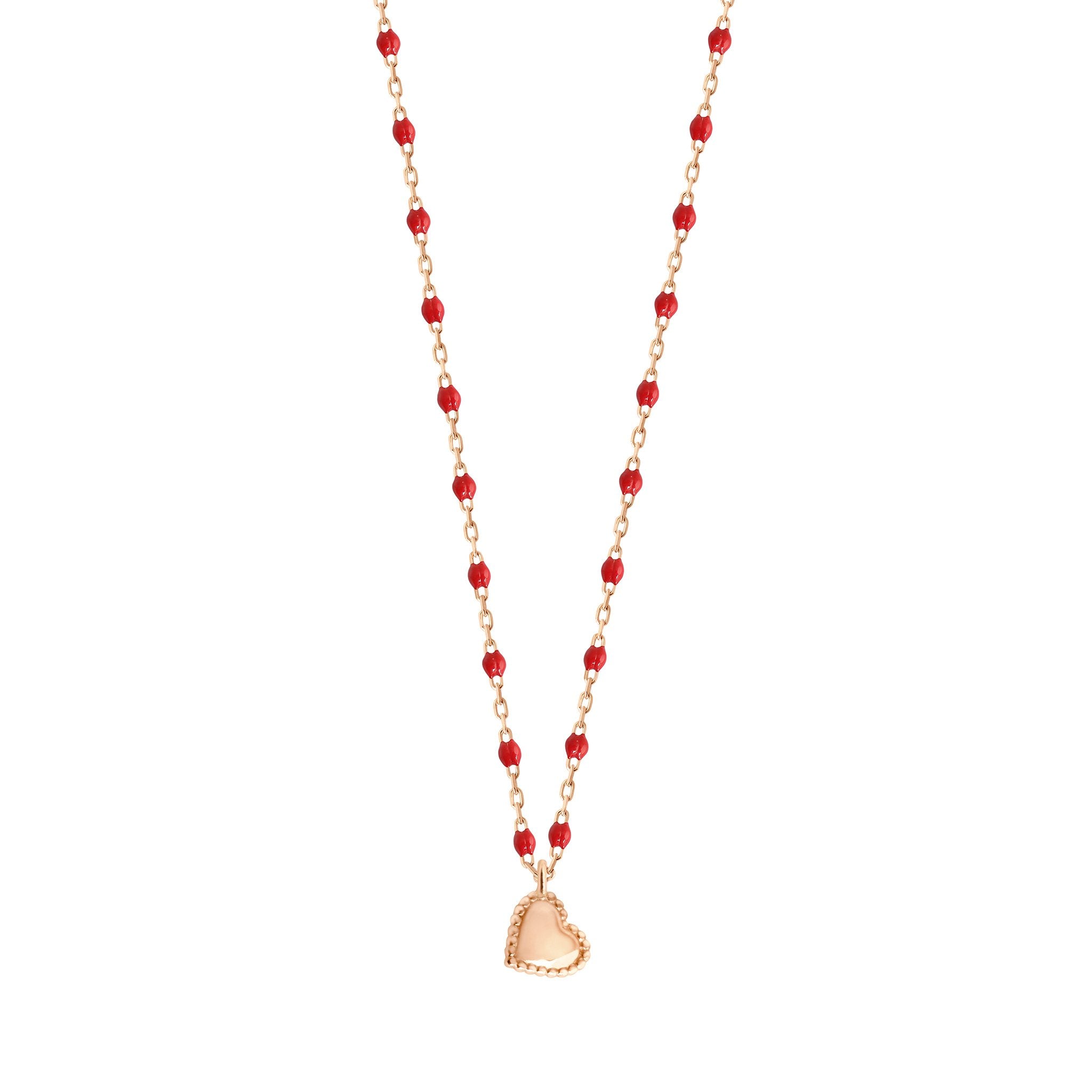 Collier Lucky Coeur, or rose et mini perles de résine coquelicot, 40 cm