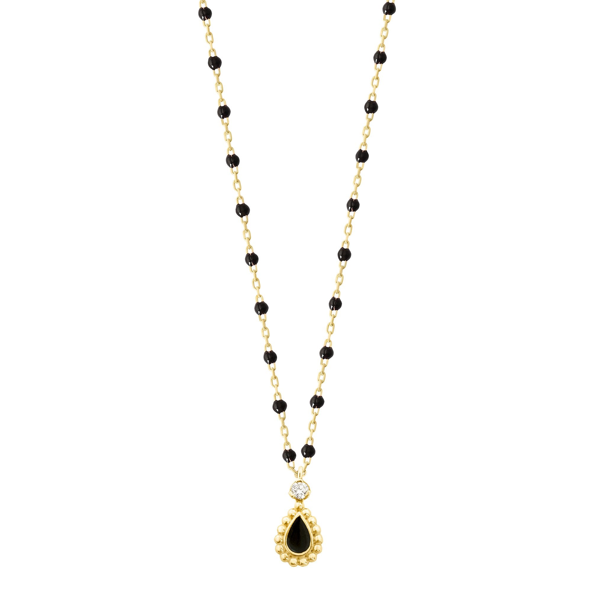 Collier Lucky Cashmere, diamant, or jaune et mini perles de résine noire, 42 cm