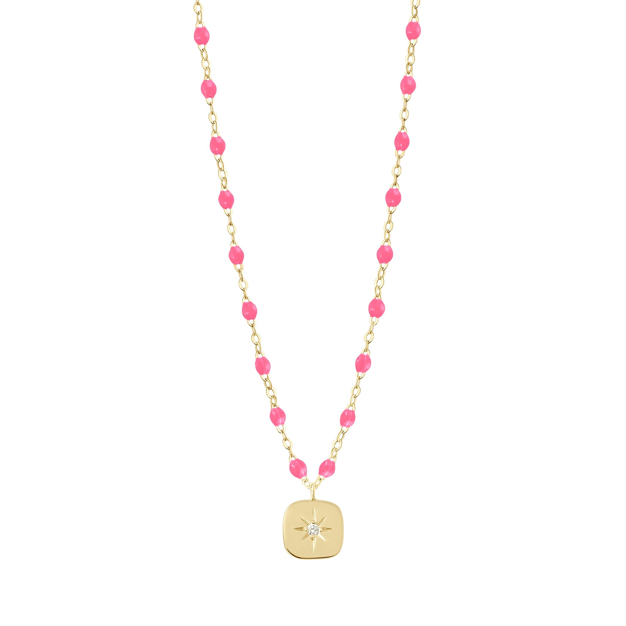 Collier rose fluo Miss Gigi, diamant, or jaune, 42 cm