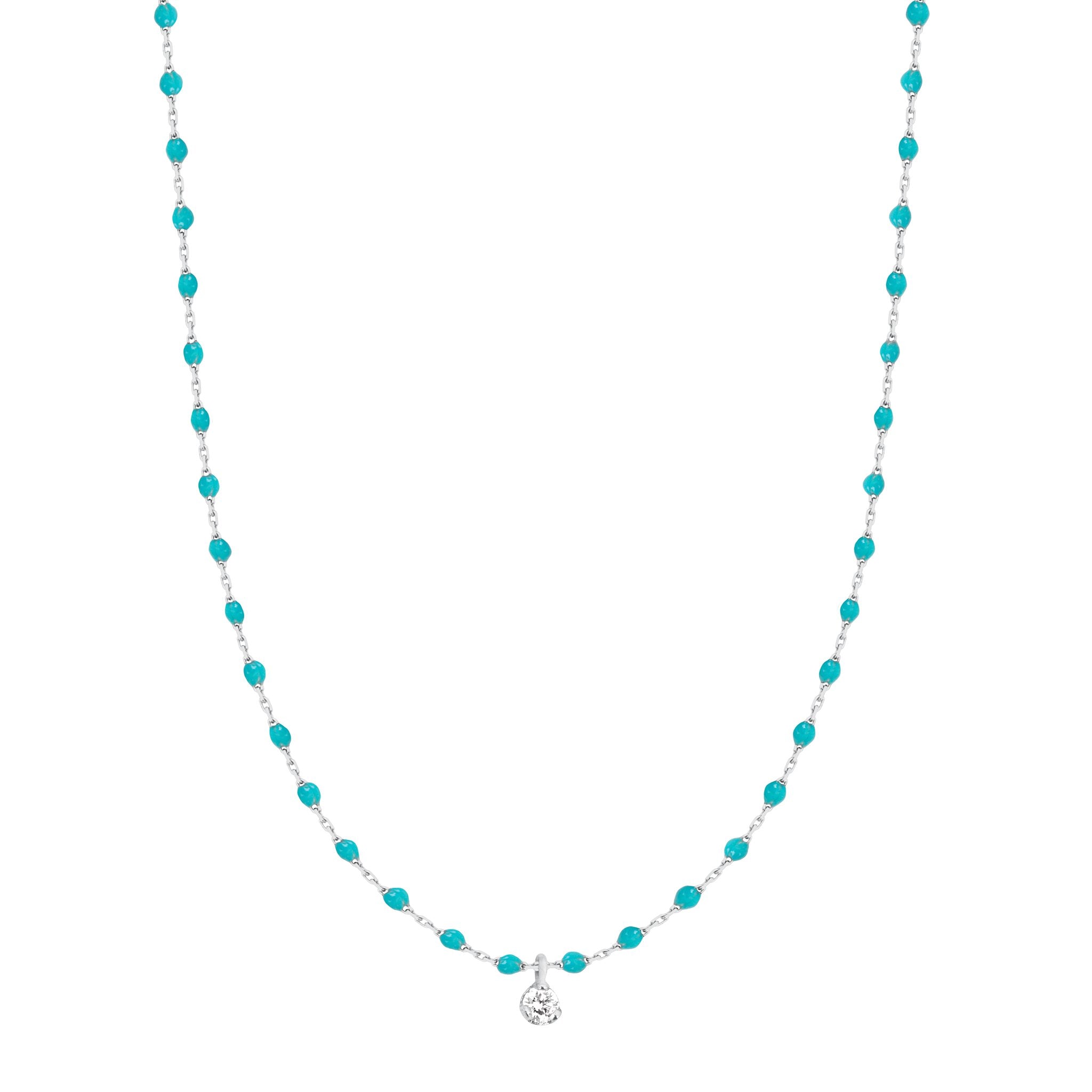 Collier turquoise vert Mini Gigi, or blanc, 1 diamant, 40 cm