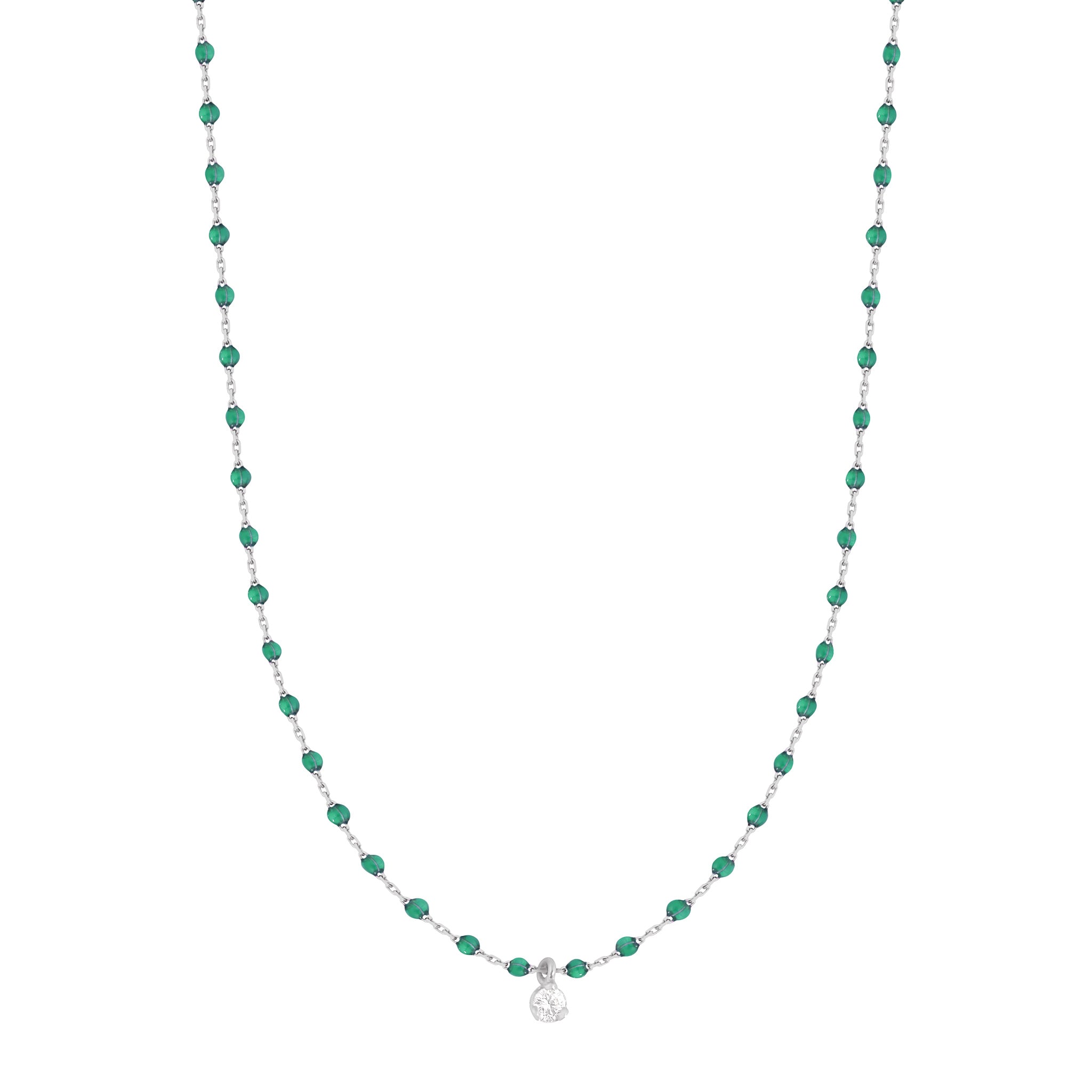 Collier émeraude Mini Gigi, or blanc, 1 diamant, 40 cm