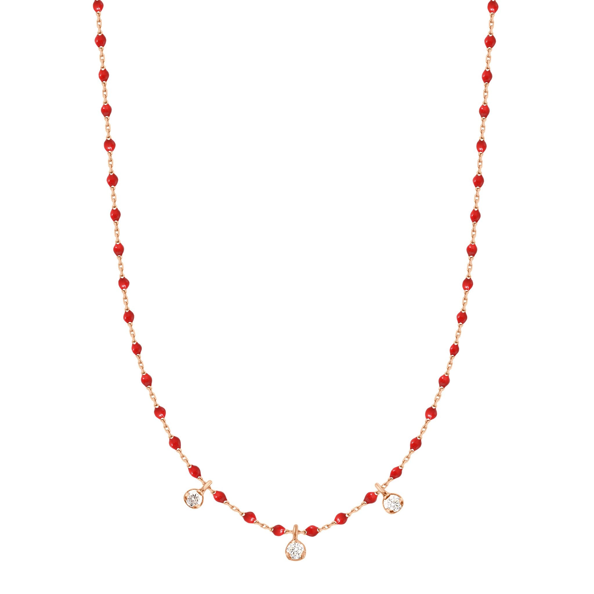 Collier coquelicot Mini Gigi, or rose, 3 diamants, 42 cm