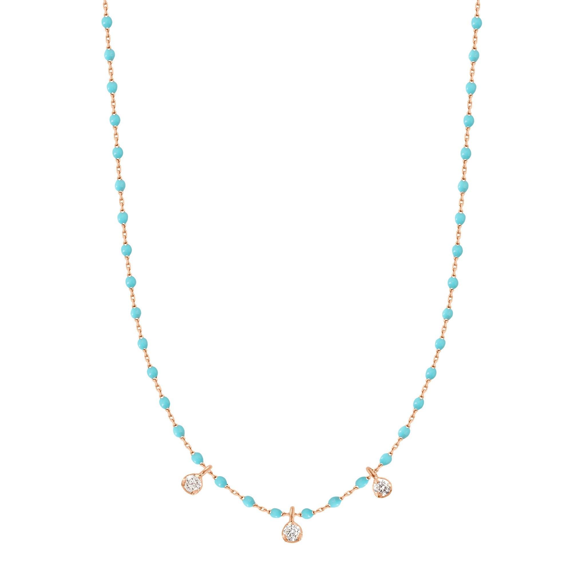 Collier turquoise vert Mini Gigi, or rose, 3 diamants, 42 cm