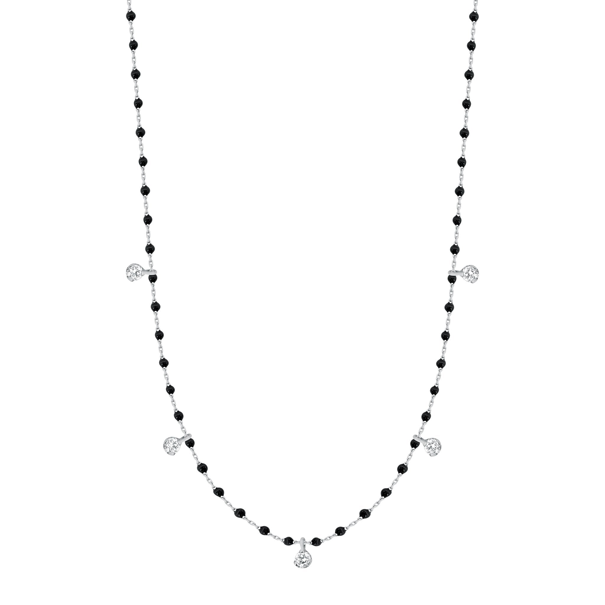 Collier noir Mini Gigi, or blanc, 5 diamants, 55 cm