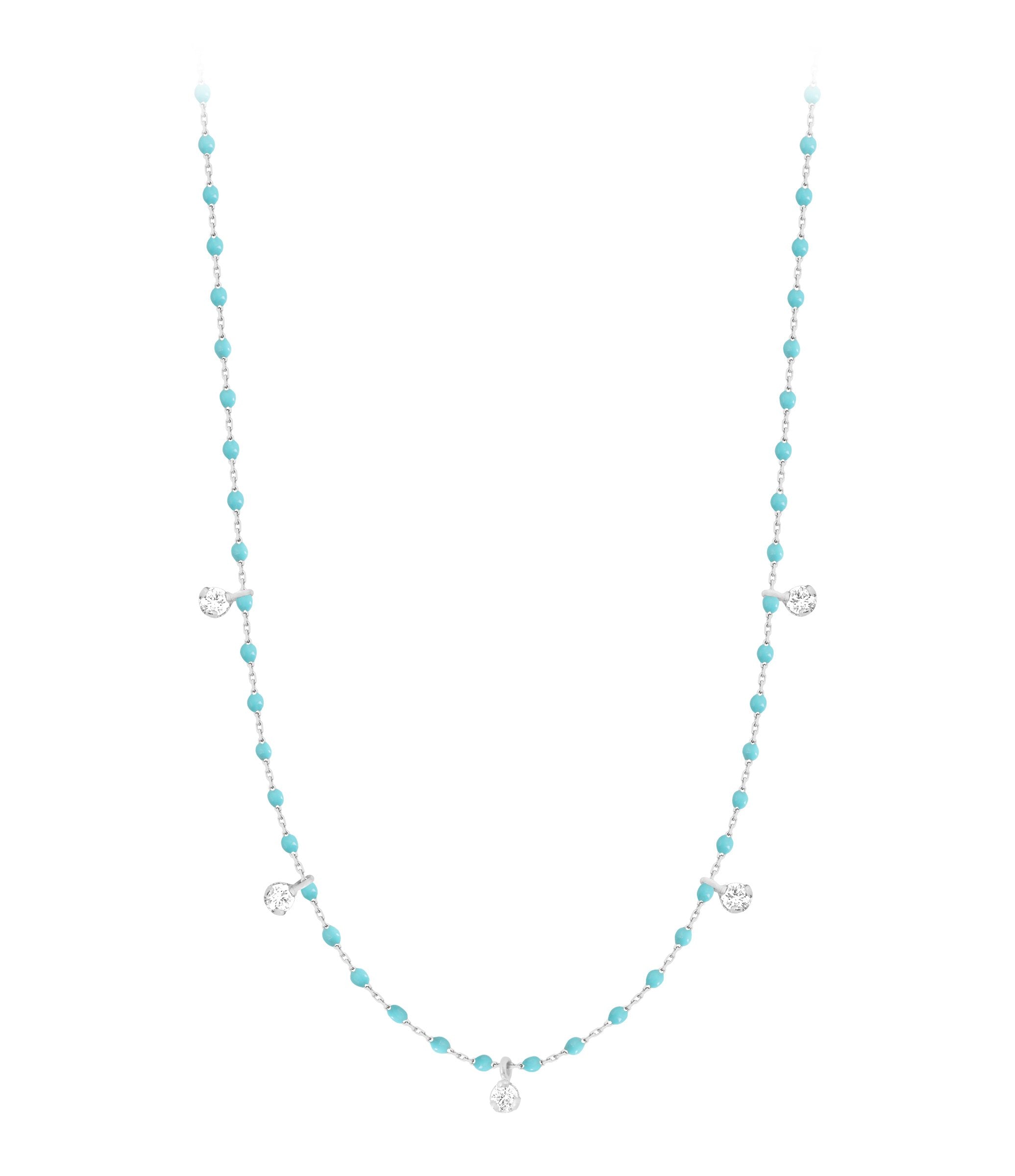 Collier turquoise vert Mini Gigi, or blanc, 5 diamants, 55 cm