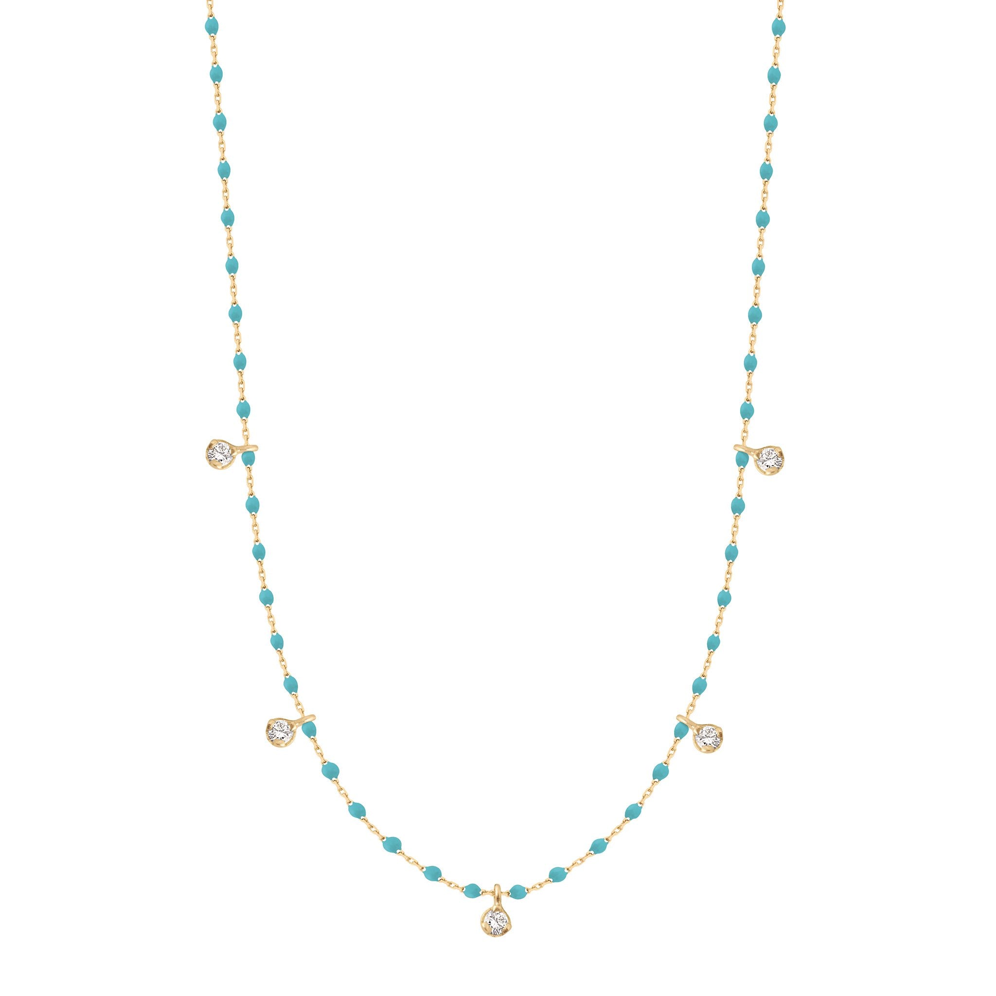 Collier turquoise vert Mini Gigi, or jaune, 5 diamants, 55 cm