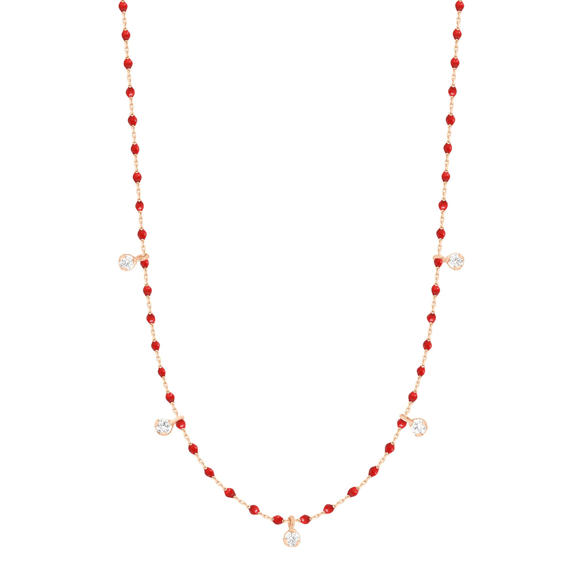 Collier coquelicot Mini Gigi, or rose, 5 diamants, 55 cm