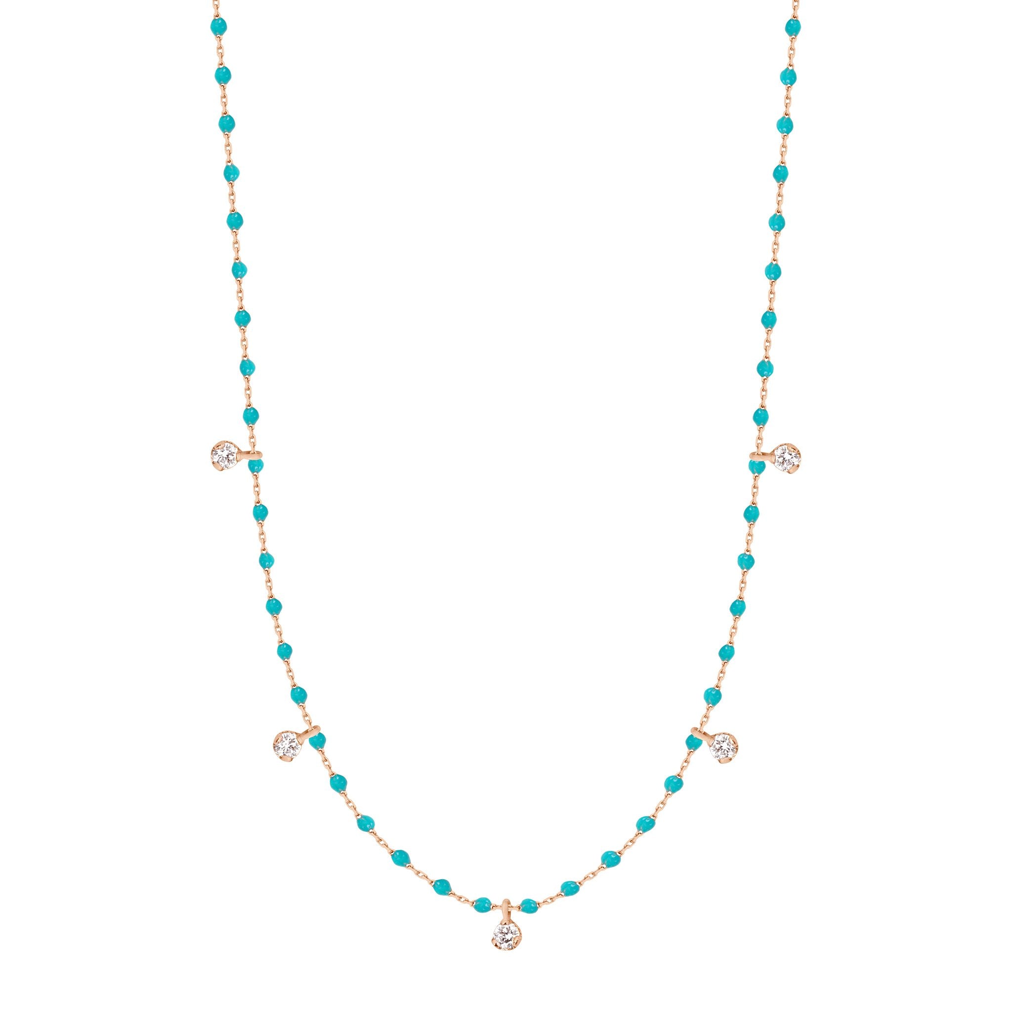 Collier turquoise vert Mini Gigi, or rose, 5 diamants, 55 cm