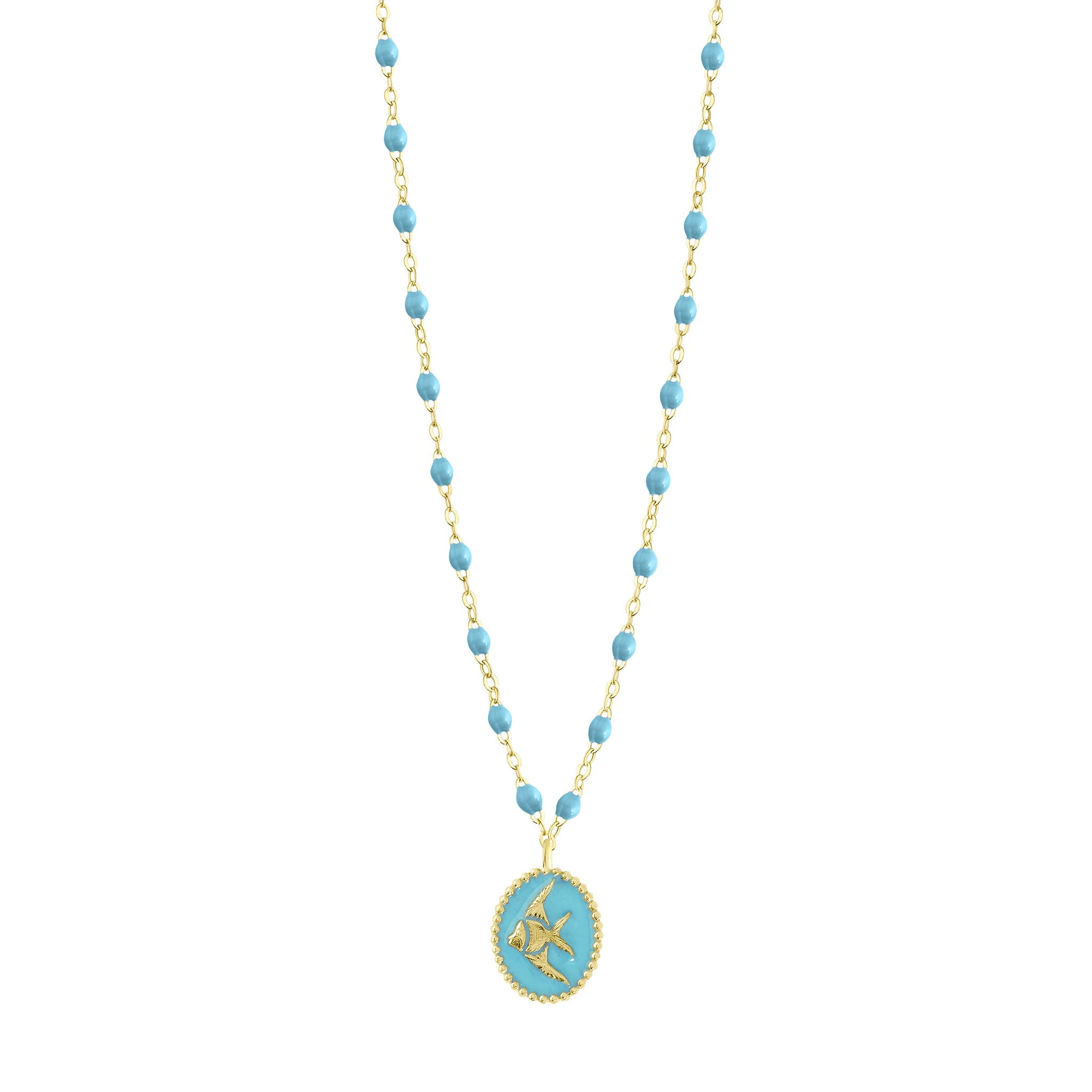 Collier Poisson Ange résine turquoise, or jaune, 42 cm