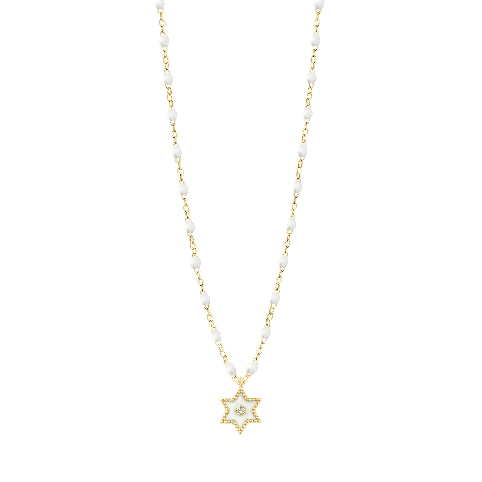 Collier Etoile Star résine blanche, diamant, or jaune, 42 cm