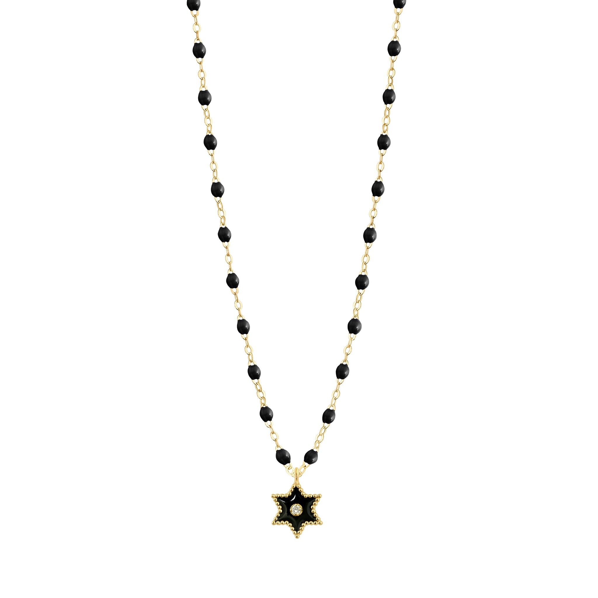 Collier Etoile Star résine noire, diamant, or jaune, 42 cm